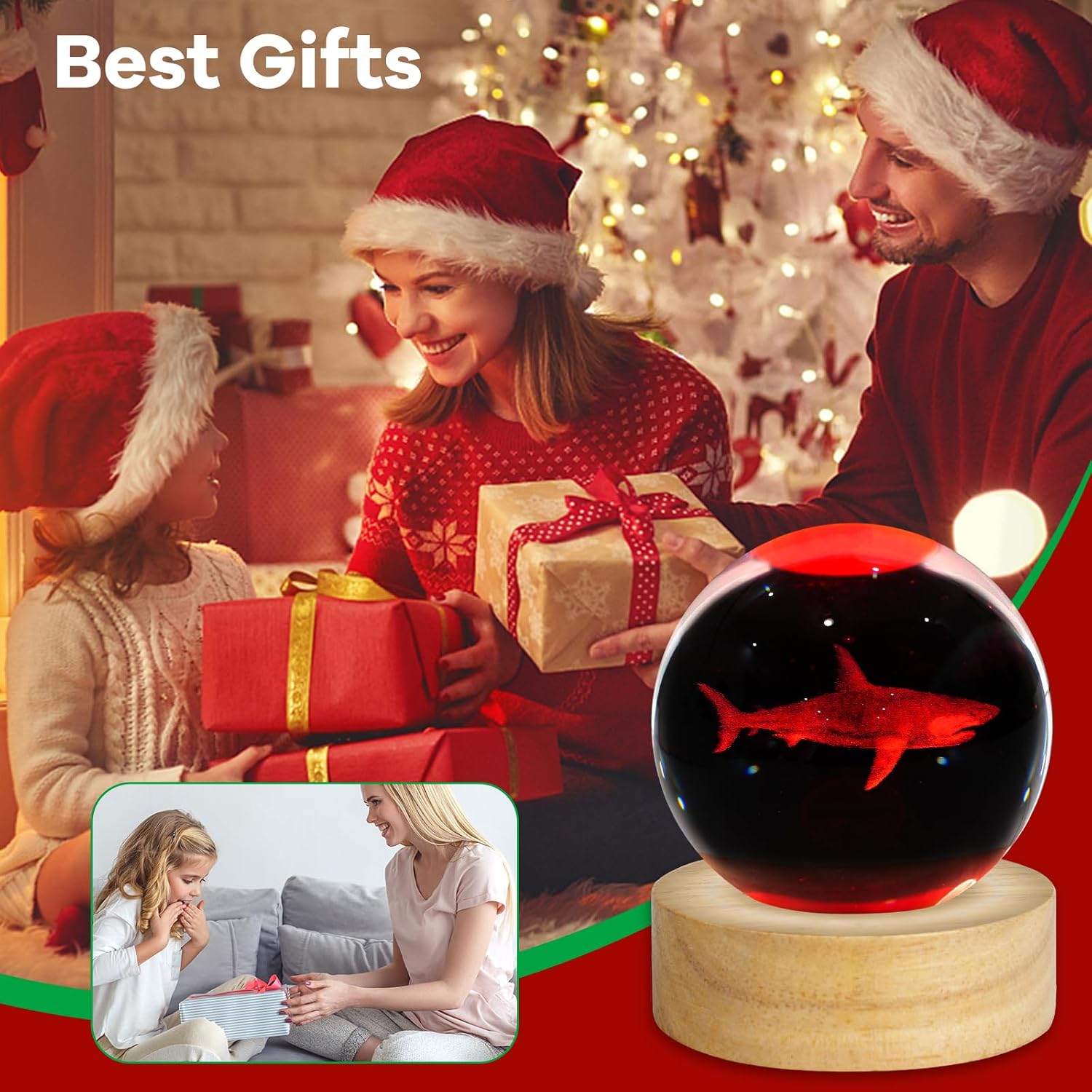 3D Crystal Ball Night Light Figurines Decor Table Lamp / Shark / 2.4 Inch