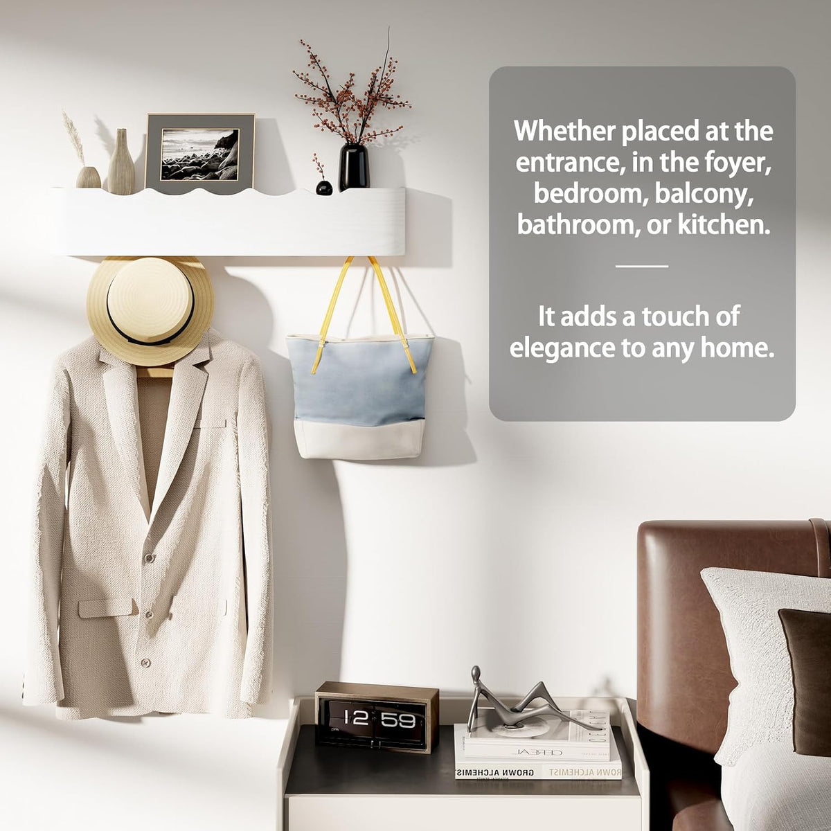 Coat Rack Wall Mount with Shelf 5 Hidden Hooks Modern Wooden Key Holder Entryway Organizer for Hallway Bedroom Bathroom