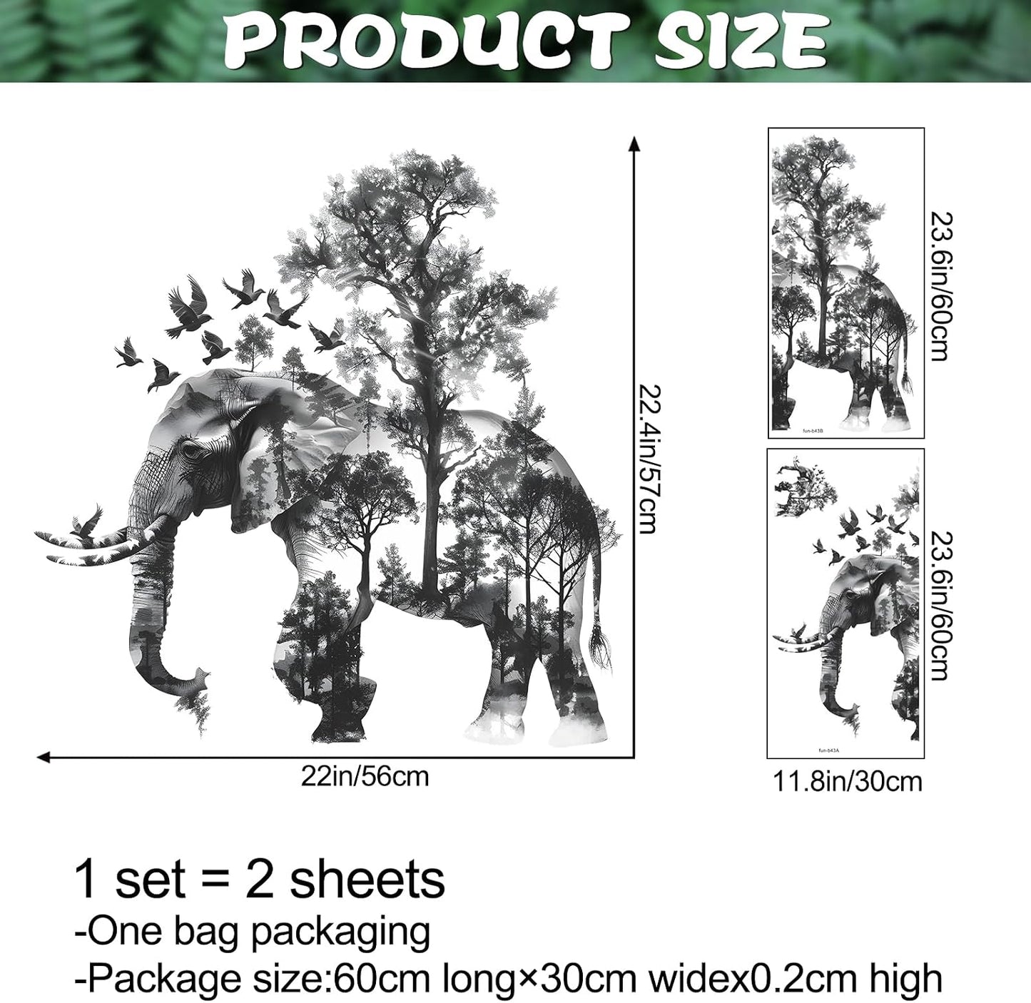 2 Sheets Forests Silhouette Animals Wall Decals / Grey-elephant