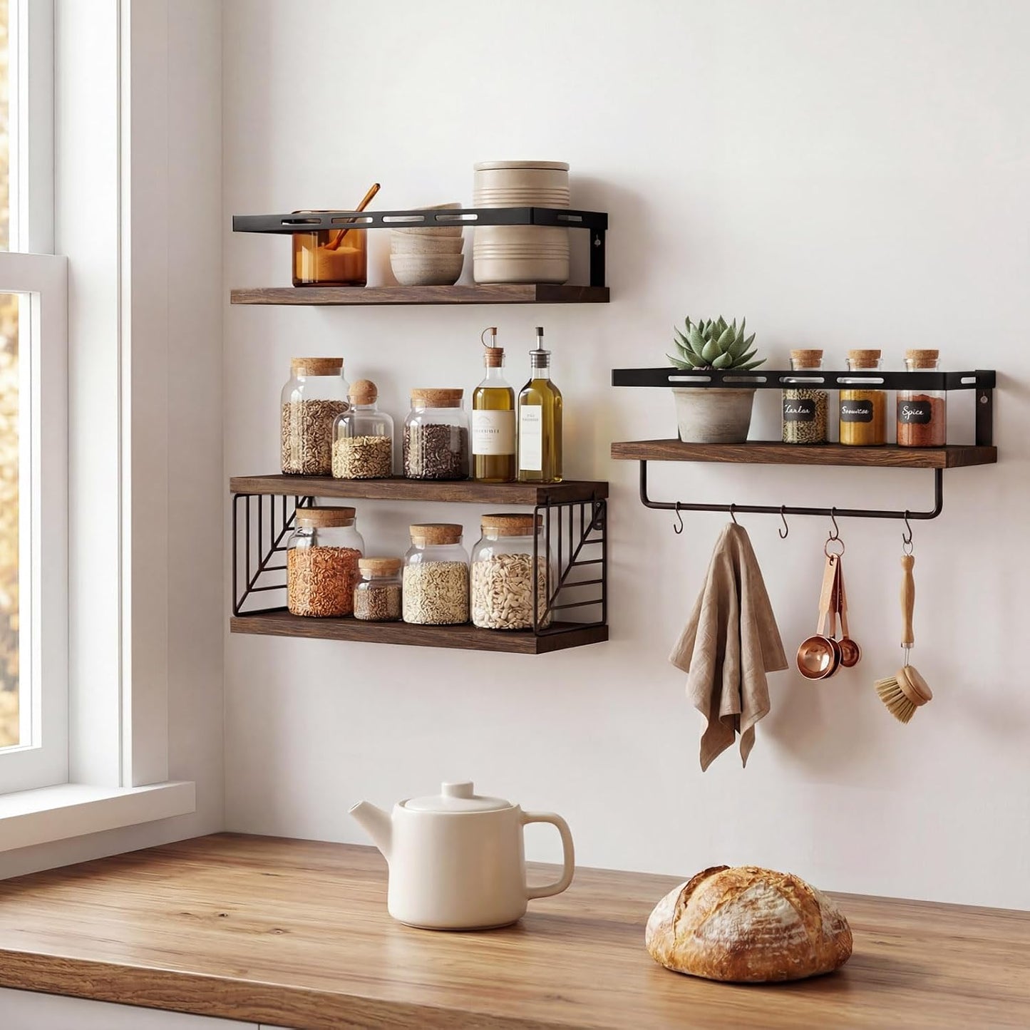 Fixwal Wall Mounted Bathroom Shelves Over Toilet (3+1 Dark Brown) | Wall Shelf with Basket Storage , Towel Bar, Solid