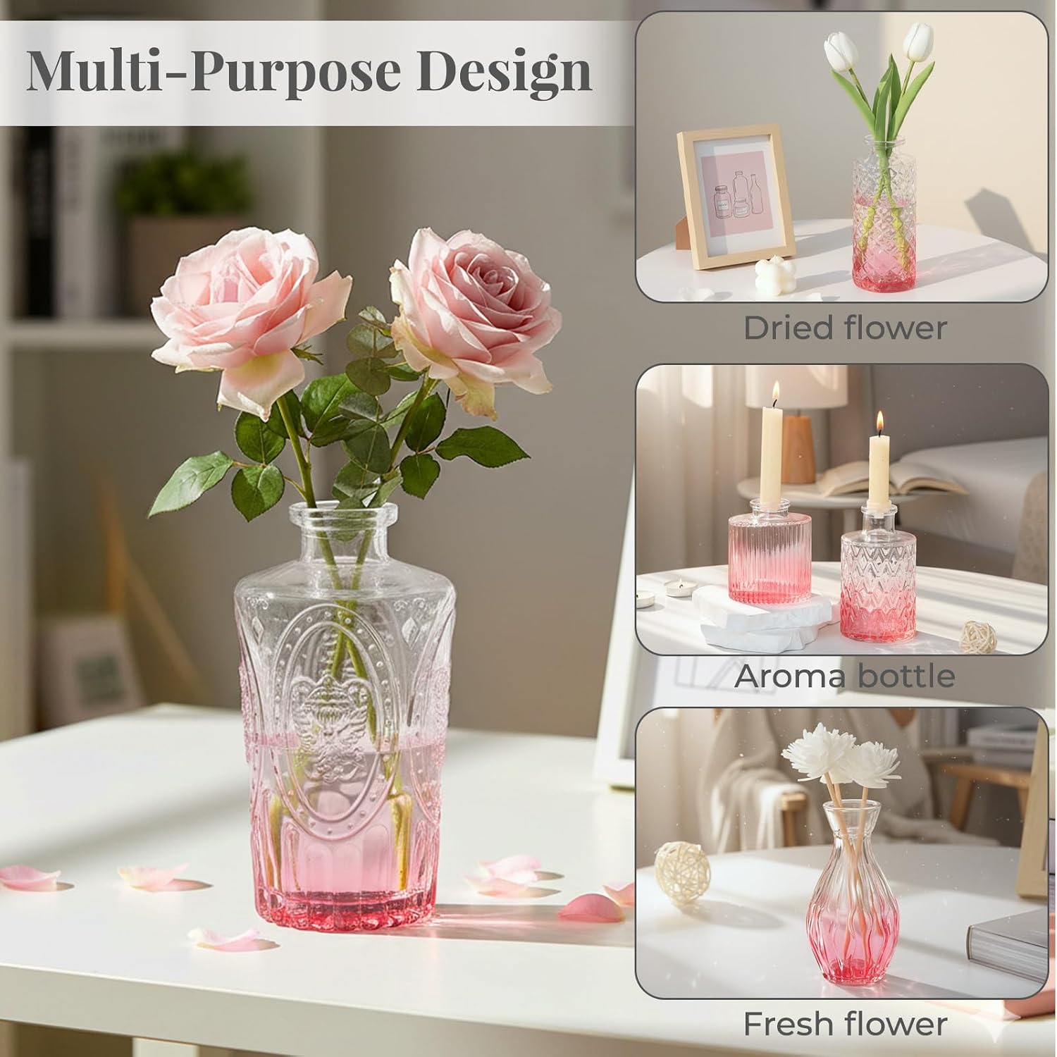 Mini Vintage Glass Bud Vases for Centerpieces / Pink Gradient / Set of 24