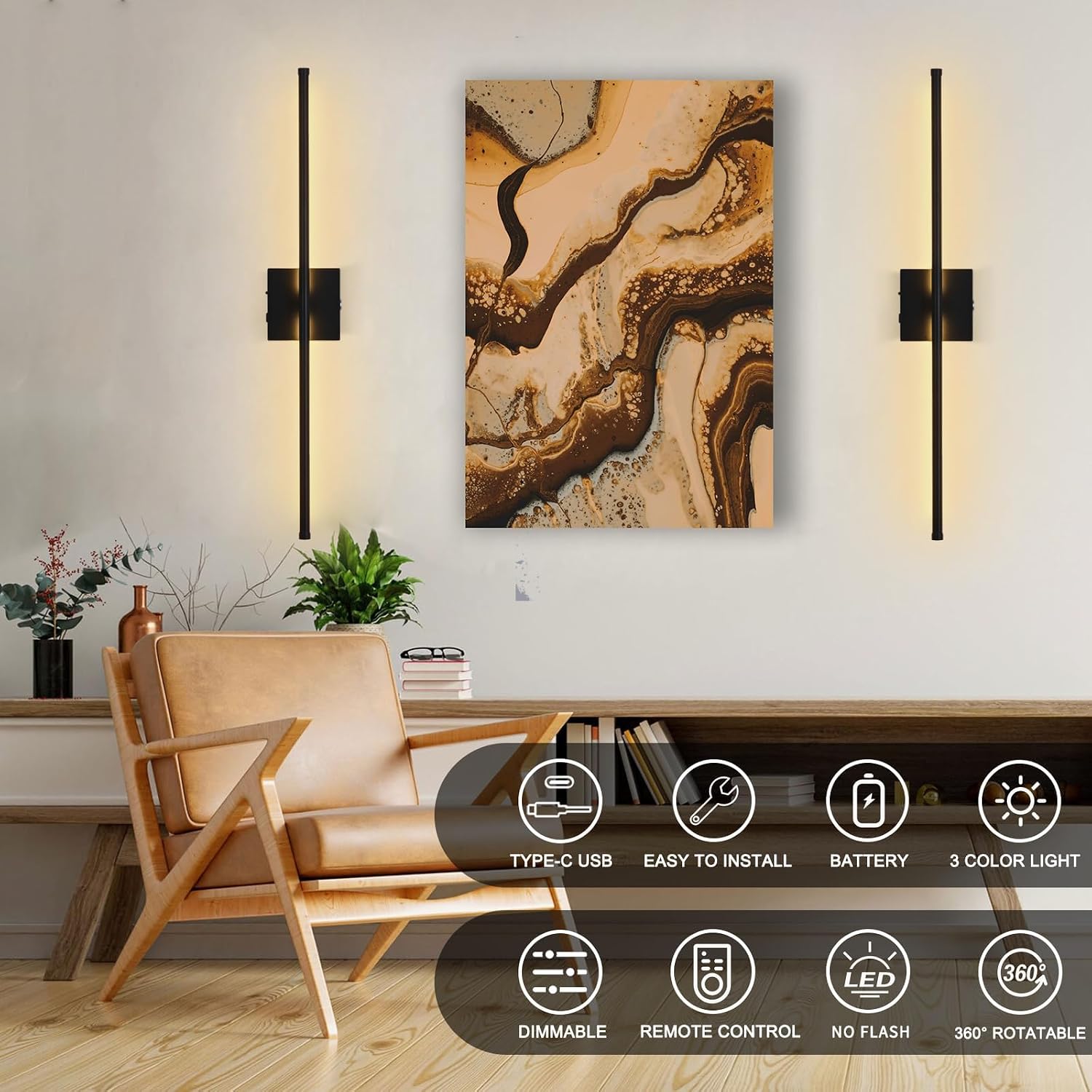 15800 mAh Battery Operated Wall Sconces with Remote Control Dimmable Wall Sconces Set of Two 3000K LED Matt Black