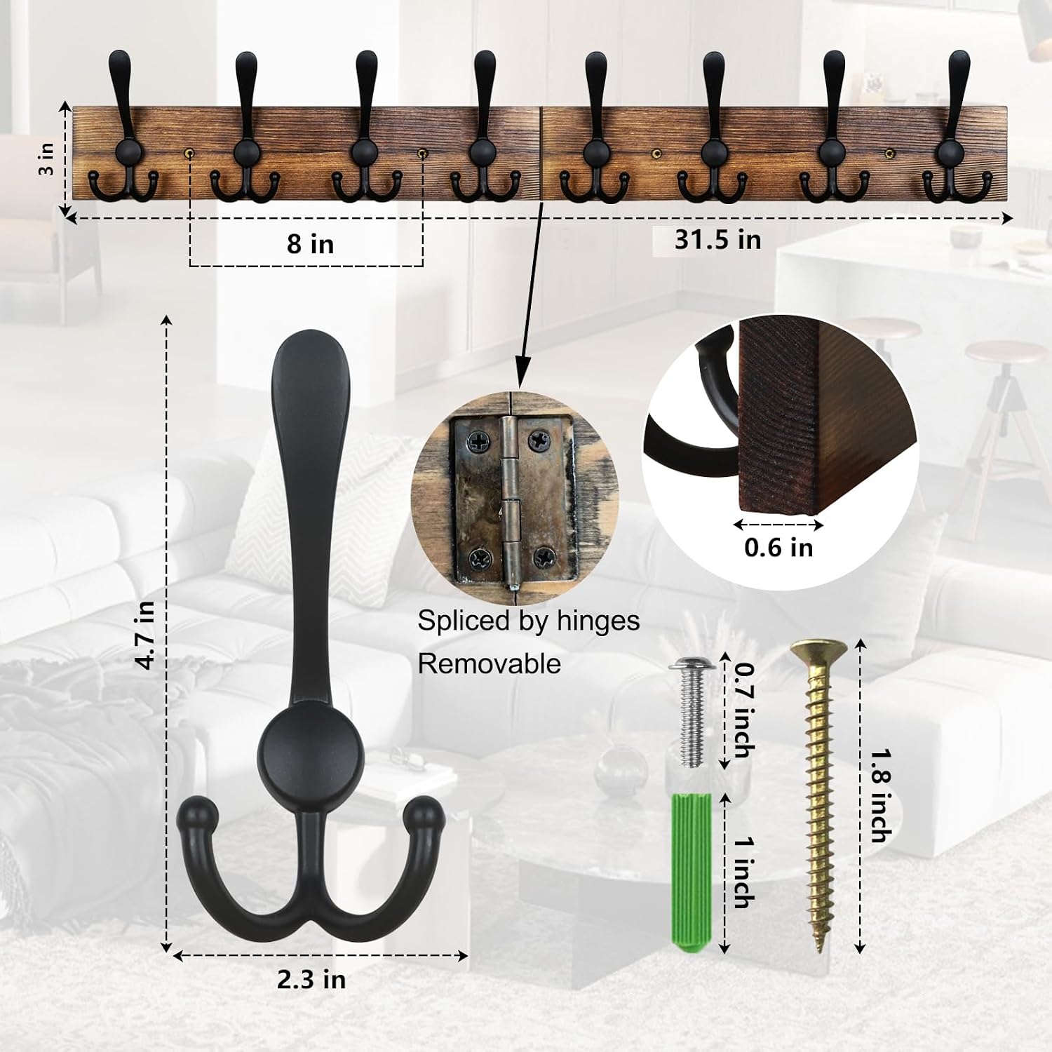 Coat Rack Wall Mount 31.5'' Coat Hanger Wall Mount / 1 Item-8 Hooks / Burnt Brown Plate & Black Hook