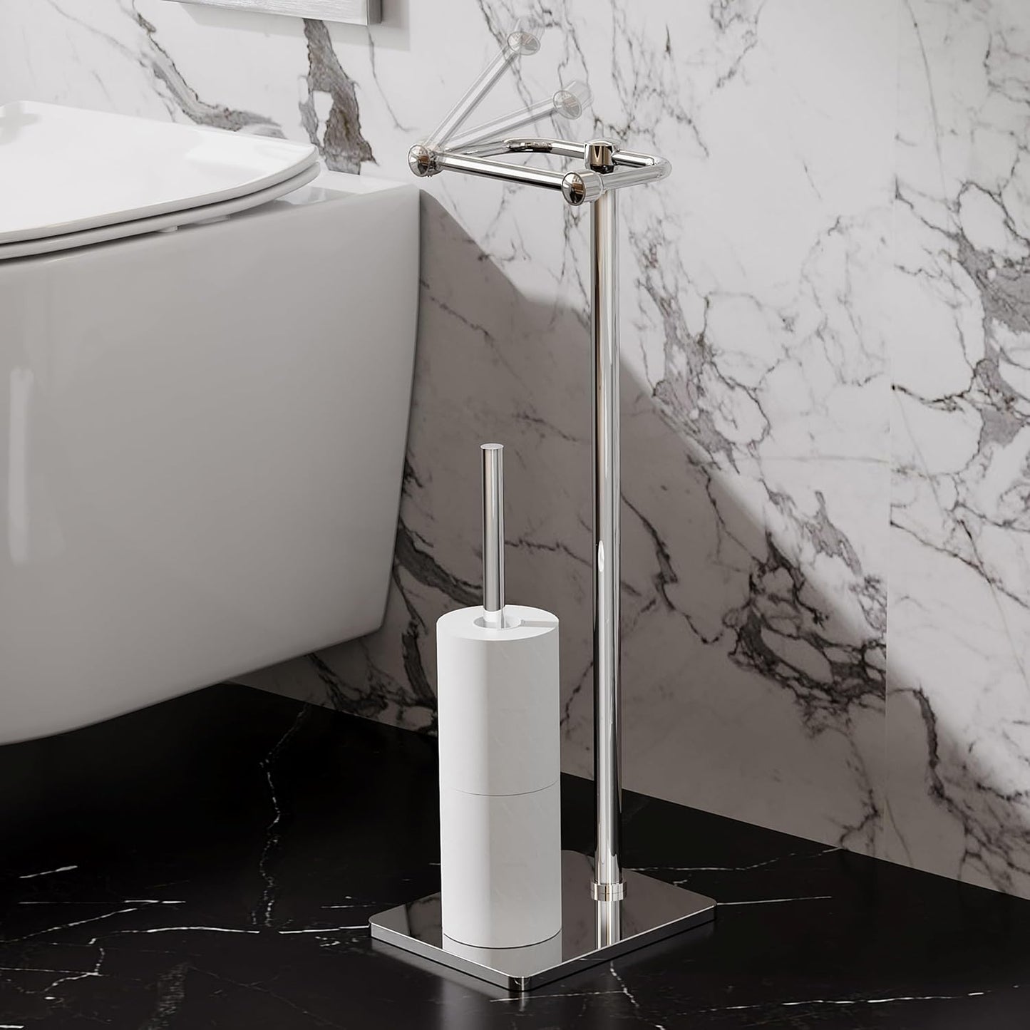 RUACQ Bathroom Toilet Paper Holder Stand with Storage, Chrome | Pivoting Free Standing Toilet Roll Holder, Holds 4