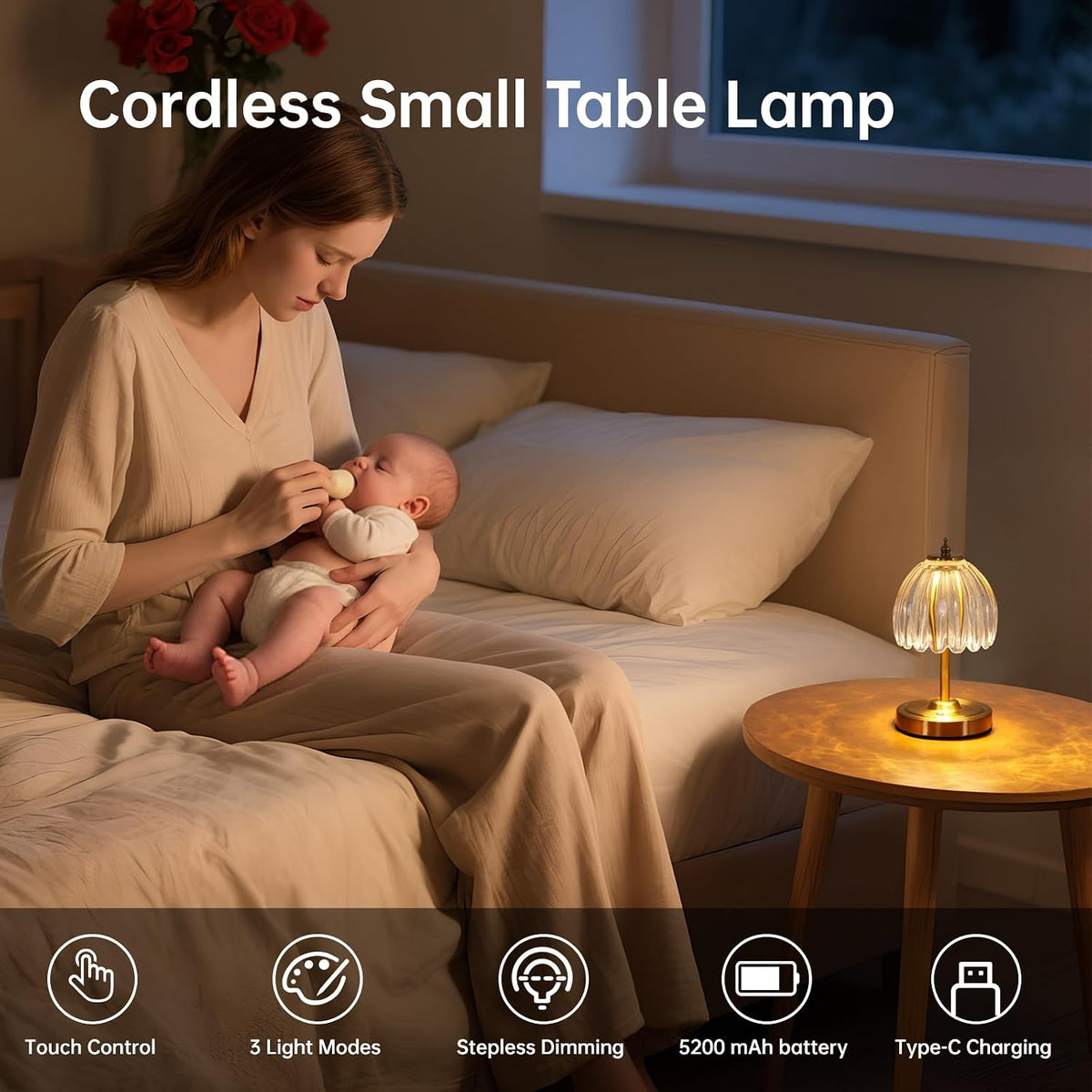 Shenmoyl Tulip Small Table Lamp, 5200mAh Cordless Touch Control Mini Table Lamp with 3 Color Temps & Stepless Dimming