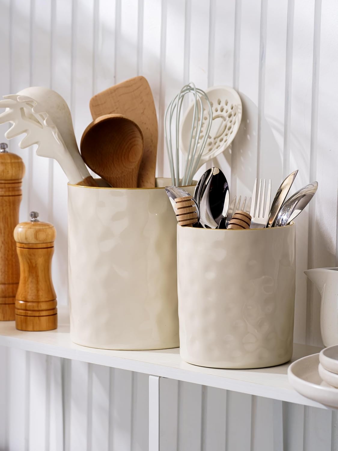 famiware Ceramic Utensil Holder, 7.2"+5.8", Set of 2, Vanilla White | Cooking Utensil Crocks, Organizer for Spatula &
