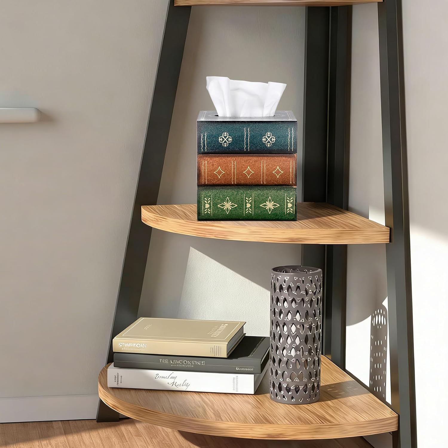 Antique Wooden Book Tissue Holder / Green Lid