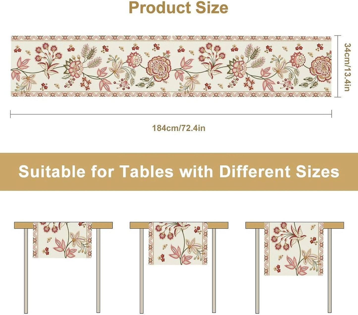 Rustic Floral Table Runner, Ethnic Style Leaf Floral Art Design Patterns Printed Linen Table Runner for Home Kitchen