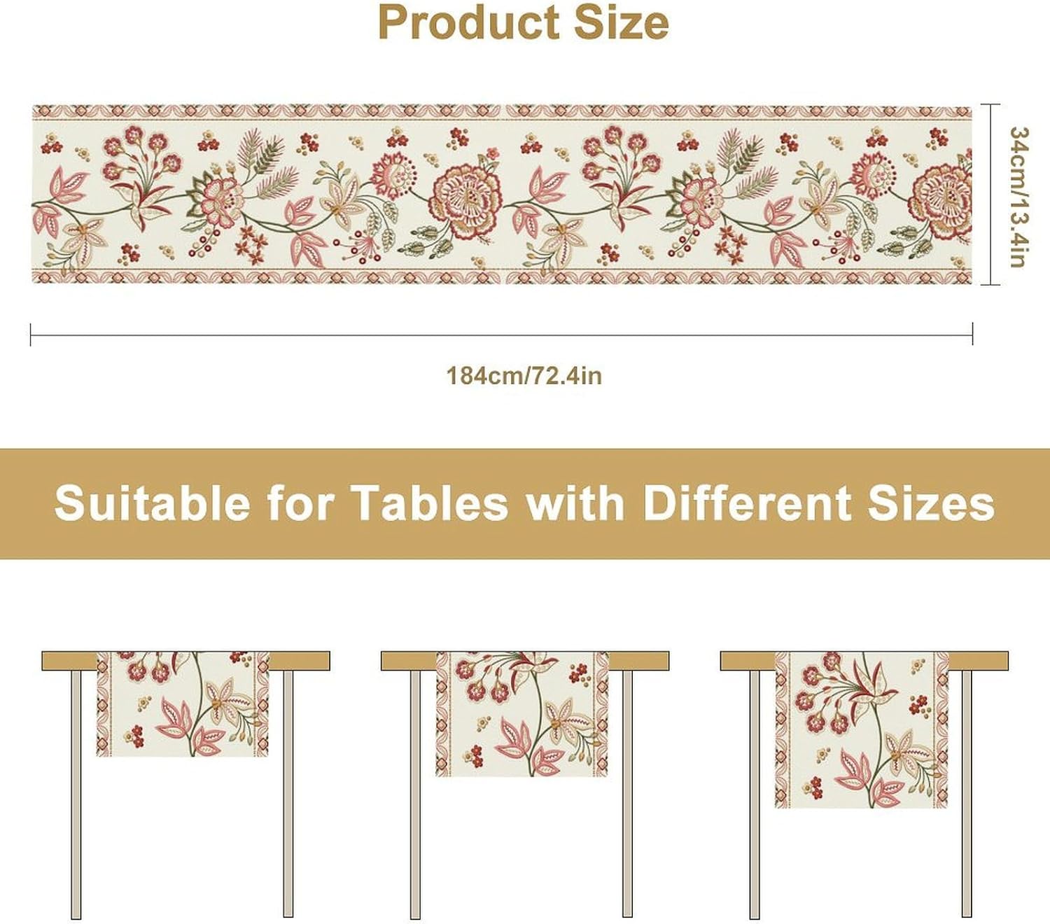 Rustic Floral Table Runner, Ethnic Style Leaf Floral Art Design Patterns Printed Linen Table Runner for Home Kitchen