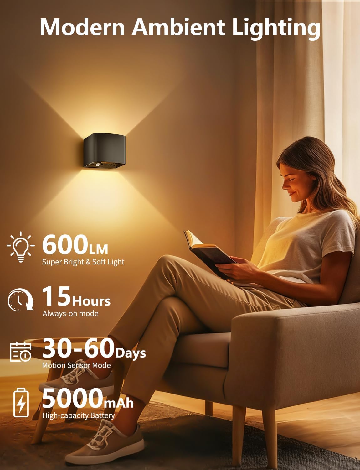 Rechargeable Motion Sensor Wall Light, Black 6000mAh Wireless LED Sconces with Remote Control, Dimmable 2700K-6500K