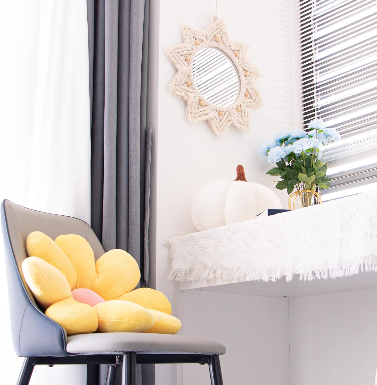 Boho Wall Decor Mirror Macrame Circle Hanging Mirror / White