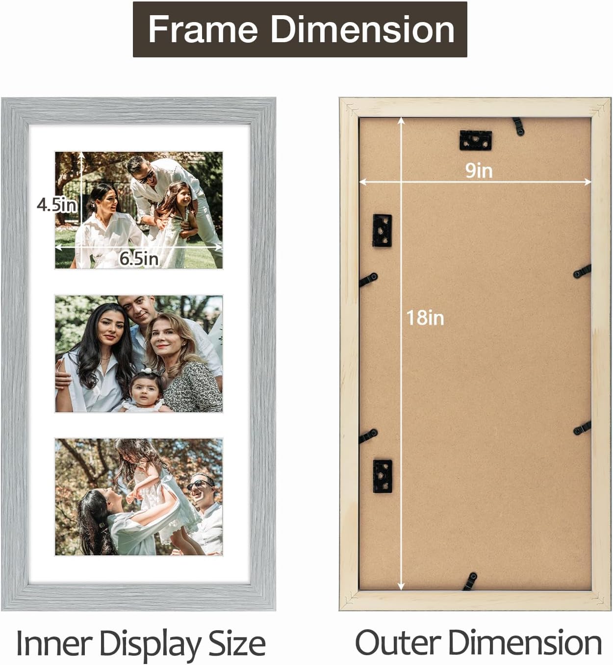 Golden State Art 9x18 Grey Wood Frame - for Three 5x7 Pictures, 3 Pack | Matted to 3 5x7 Picture,Solid Wood Collage