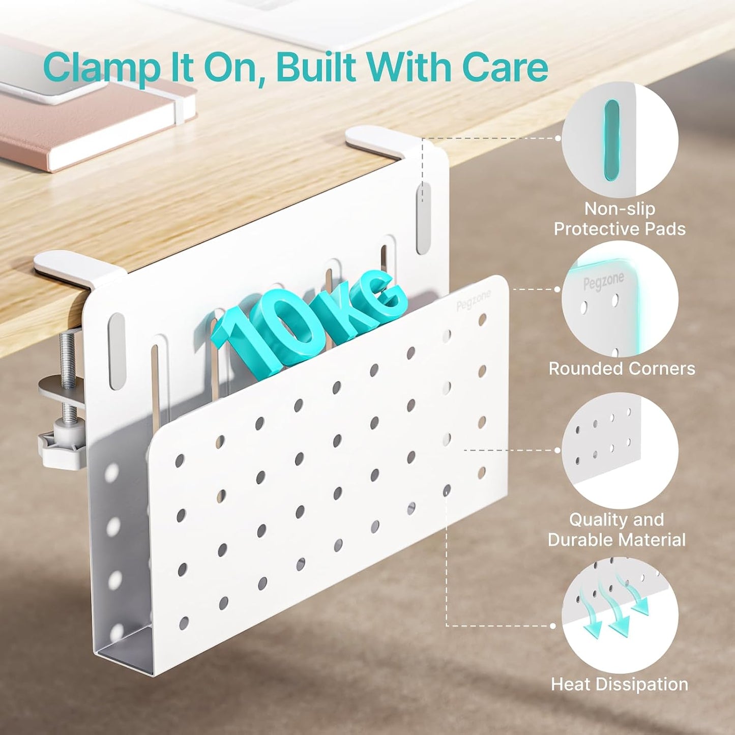 Desk Side Storage Organizer, Fits Flat Edge 0.4" to 2.2", White | No Drill Under Desk Laptop Holder, Clamp on Desks