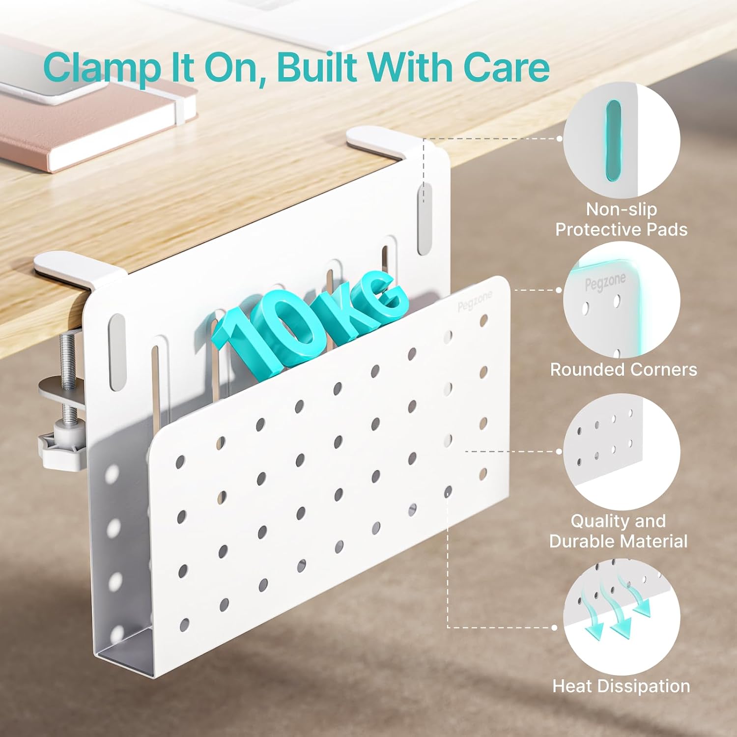 Desk Side Storage Organizer, Fits Flat Edge 0.4" to 2.2", White | No Drill Under Desk Laptop Holder, Clamp on Desks