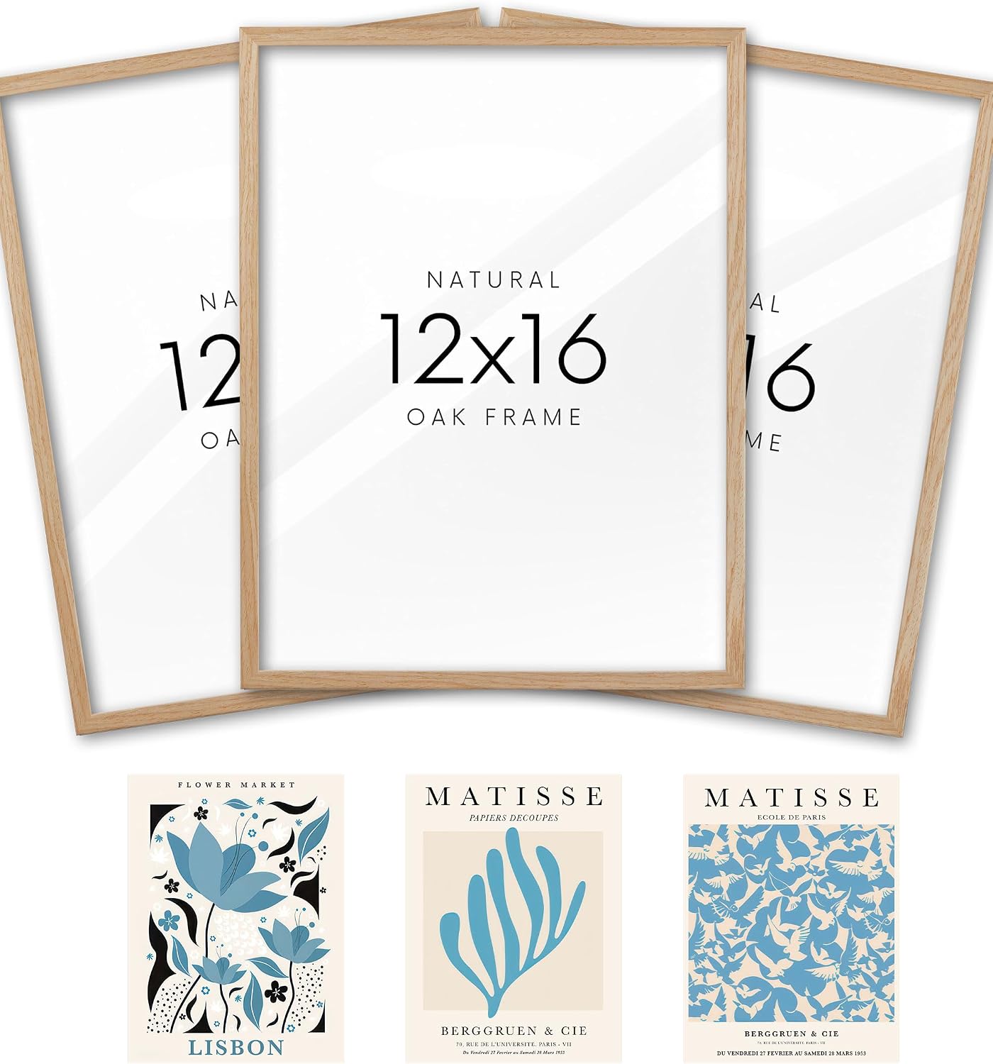 KensTro 12x16 Oak Picture Frames Set of 3 with Blue Art Prints