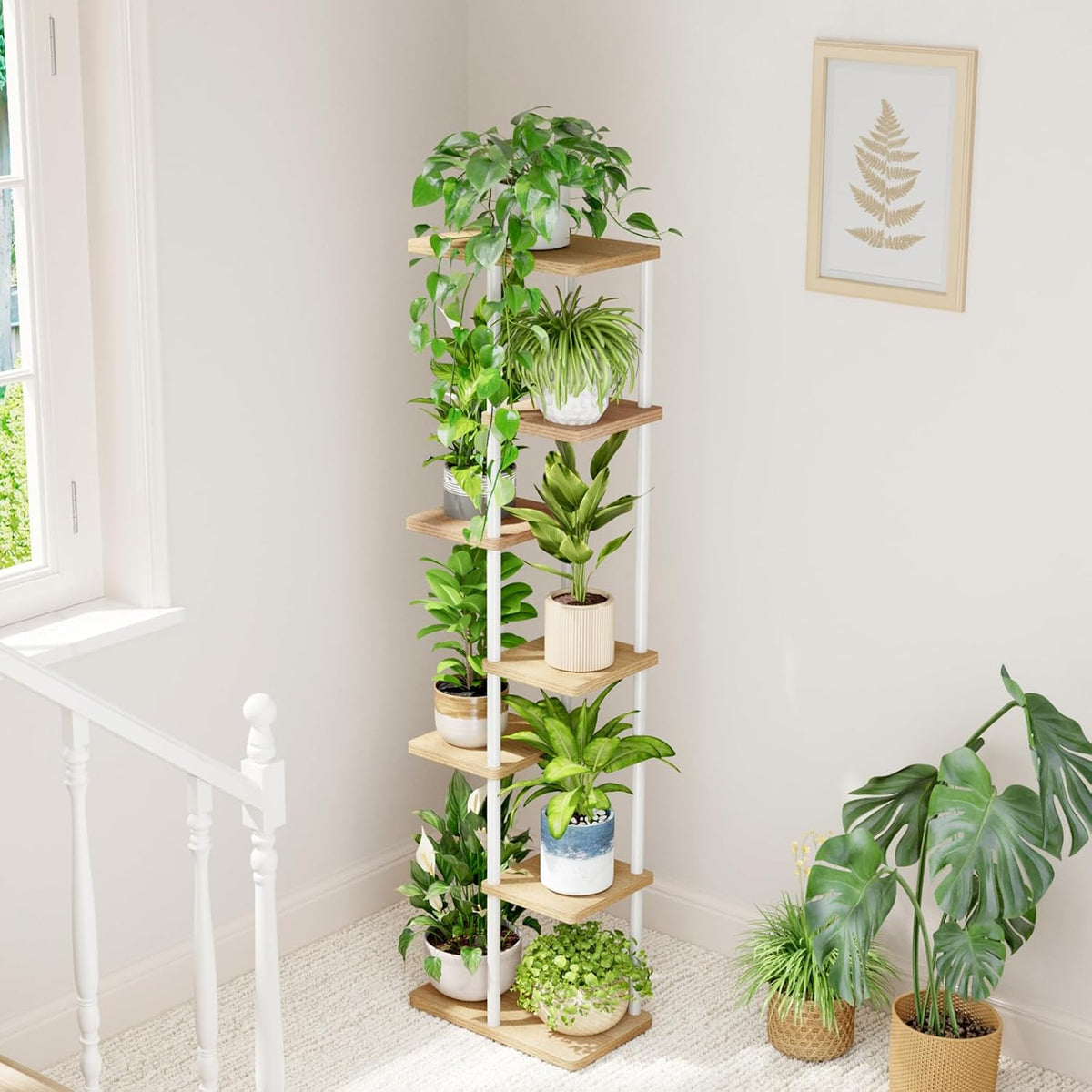 Bamworld Plant Stand 7 Tier Tall Shelf for Multiple Plants White | Tiered indoor shelf creates vertical display space