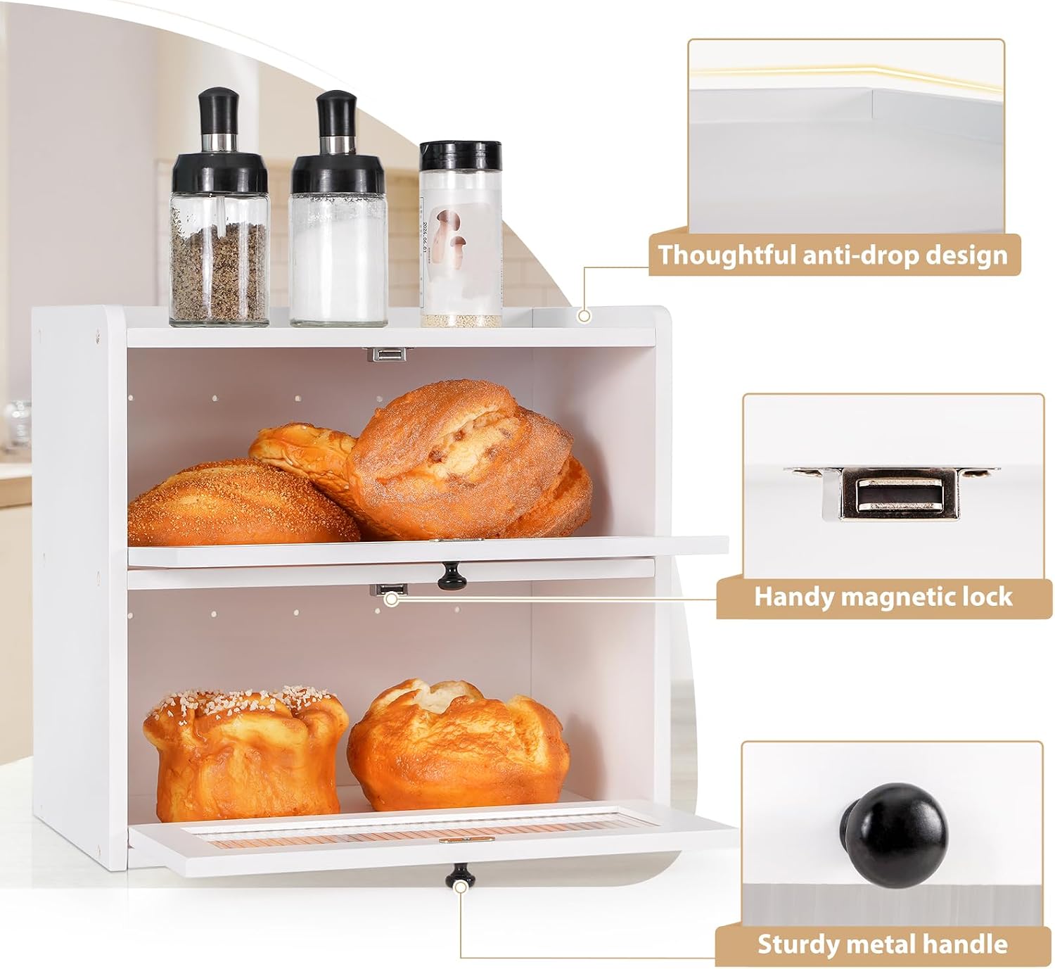 Sunhoo Bread Box for Kitchen Countertop Wooden Bread Storage Container Bin 2 Layer Breadbox Holder Large Capacity