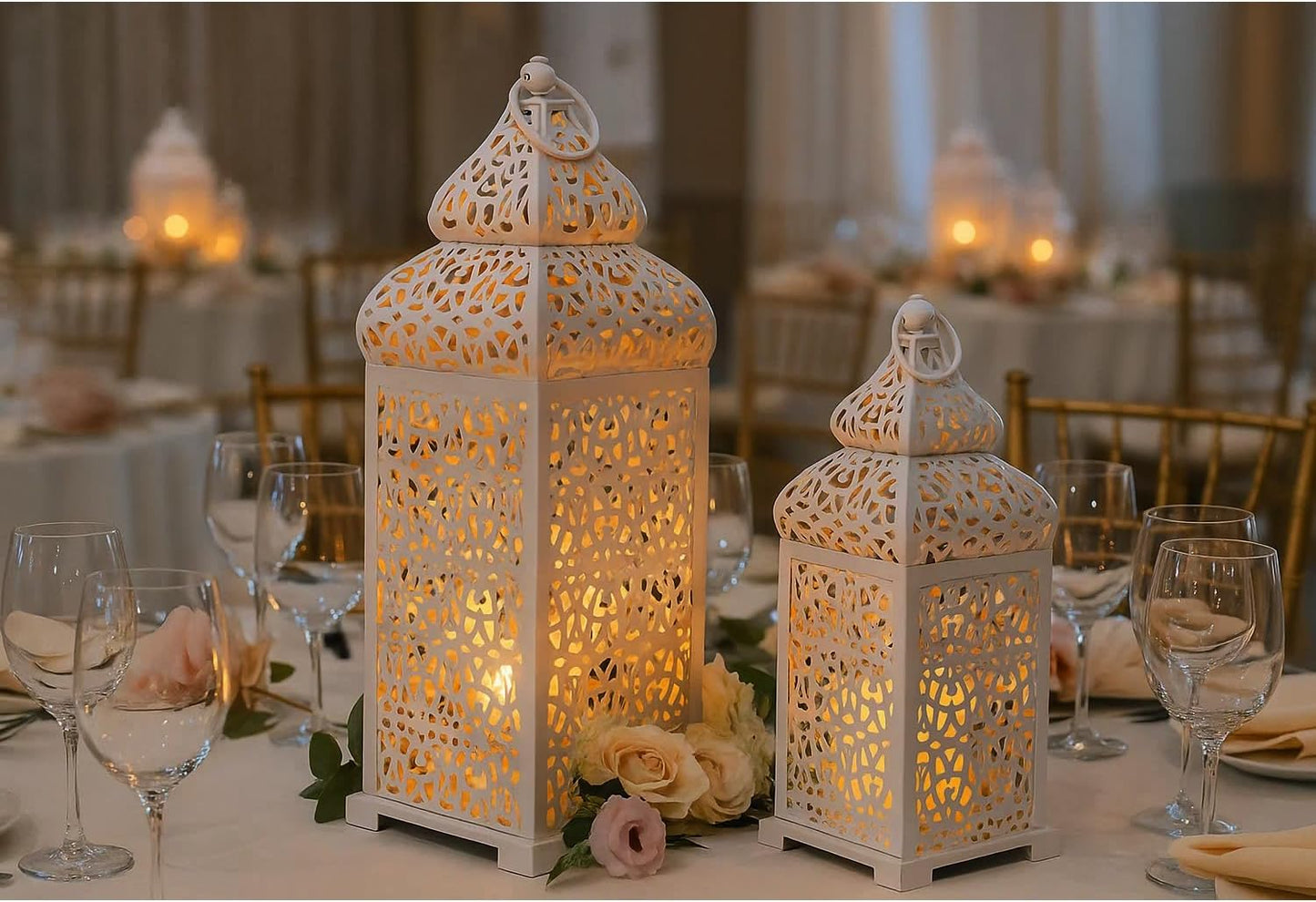 Vela Lanterns Decorative Indoor Moroccan Candle Holders, White, Set of 2 | White Wedding Centerpieces, Ramadan