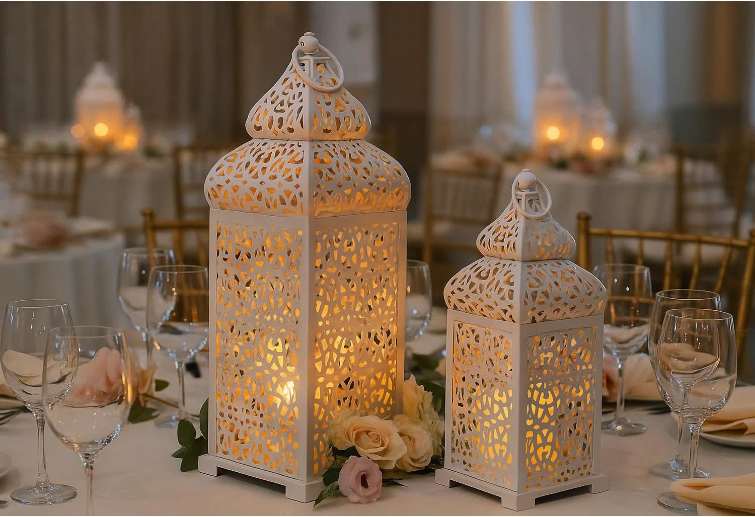 Vela Lanterns Decorative Indoor Moroccan Candle Holders, White, Set of 2 | White Wedding Centerpieces, Ramadan