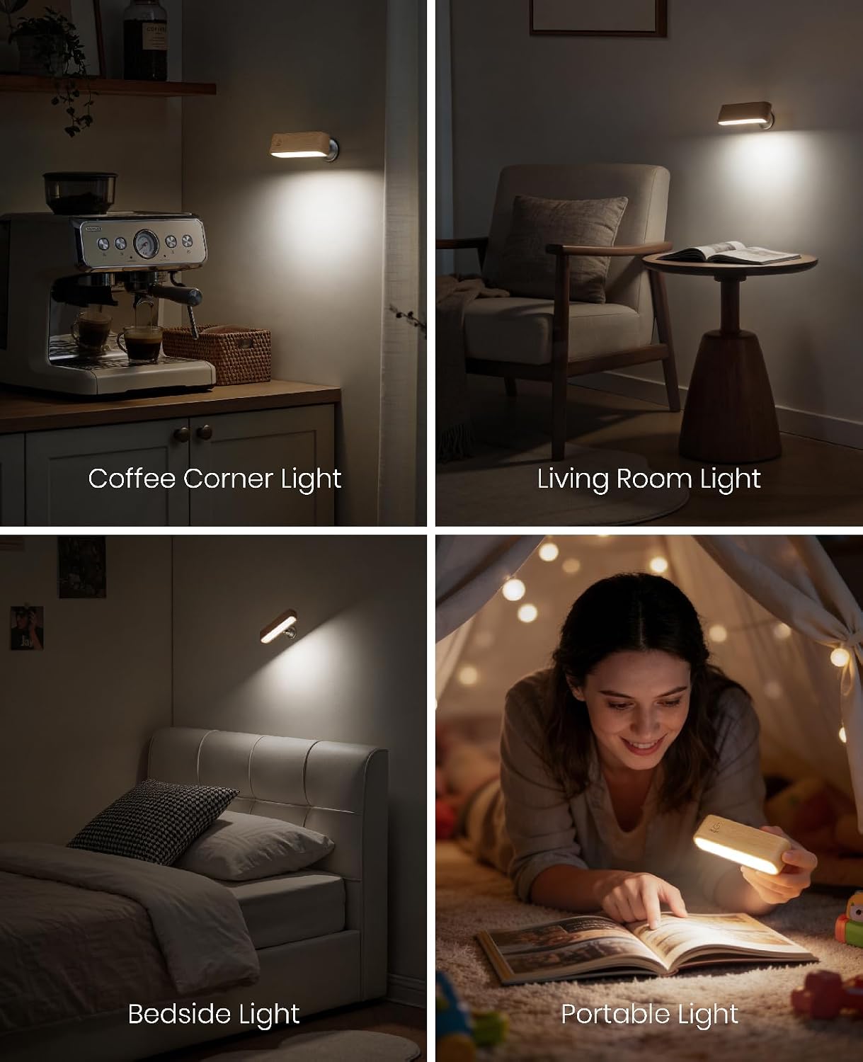 Wood Wall Sconce, Rechargeable Reading Light, Magnetic Bedside Lamp | Touch Control Reading Light for Headboard, 360°