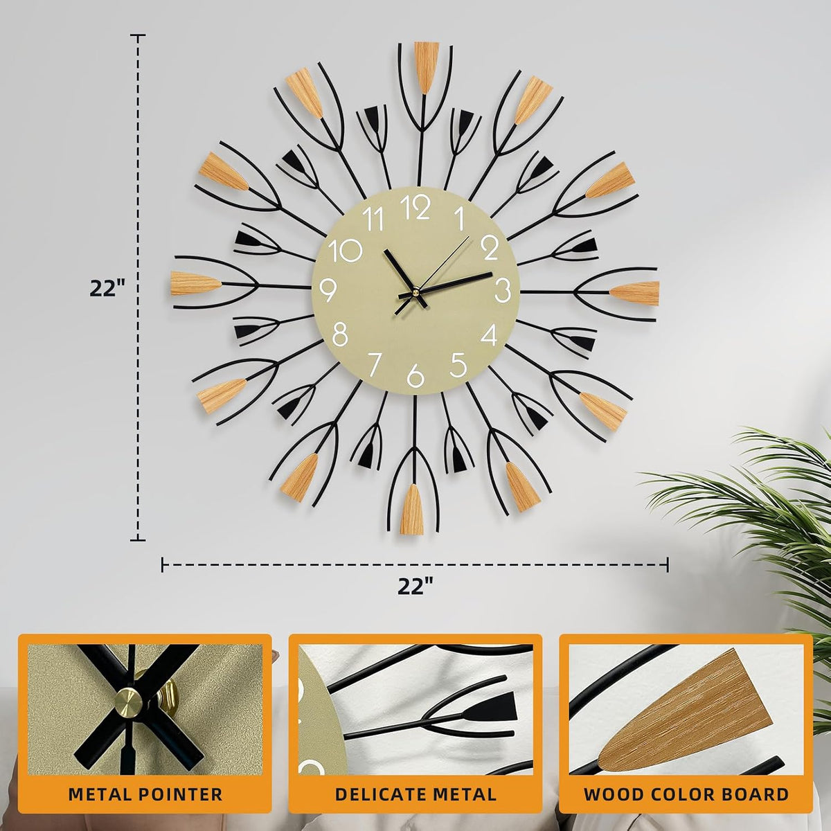 24 Inch Large Modern Mid Century Sunburst Wall Clock | Decorative Silent Non-Ticking Battery Operated Metal Analog