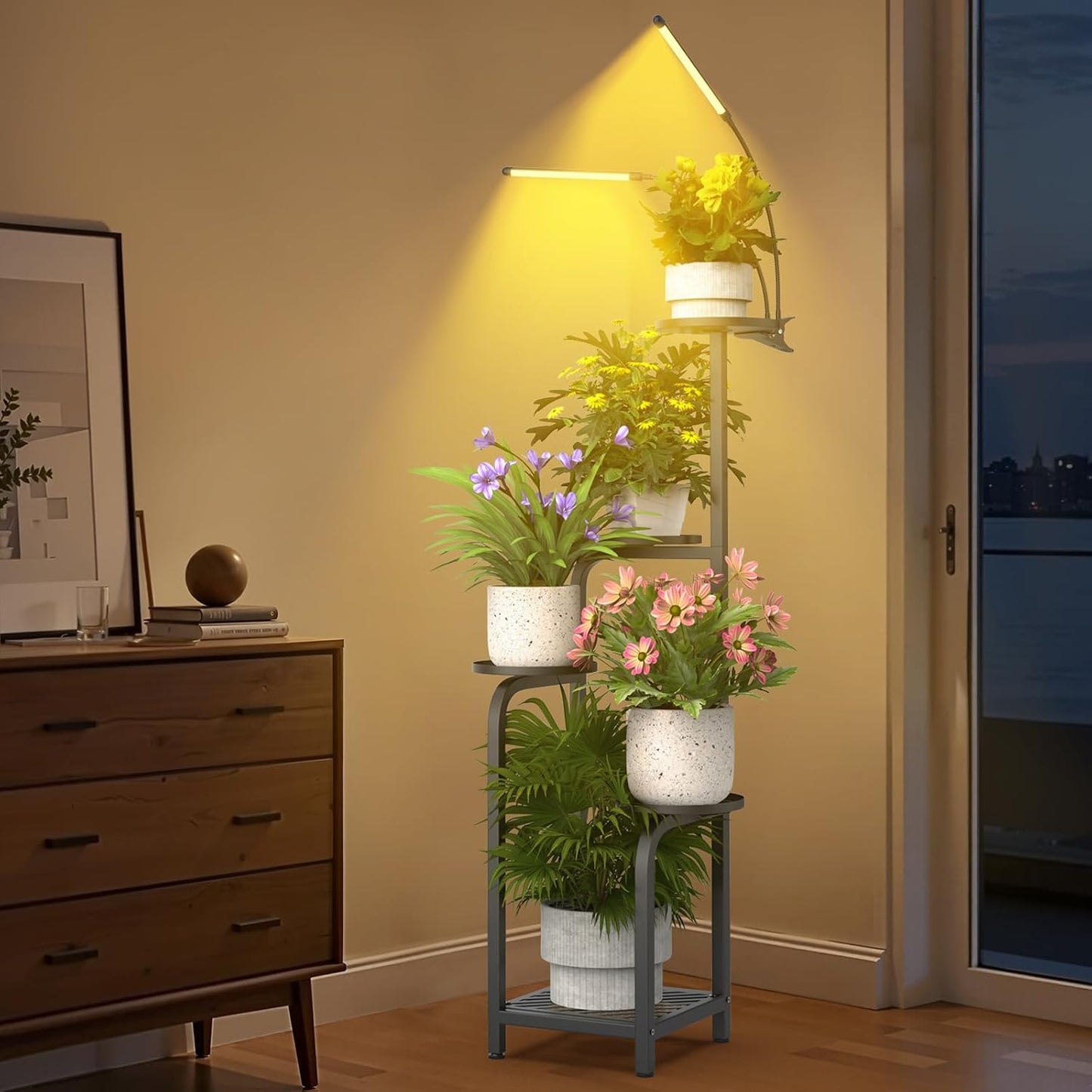TOSKING Tall 5-Tier Metal Plant Stand with Grow Light for Indoor Corners | Black | Full-Spectrum Lighting | Adjustable
