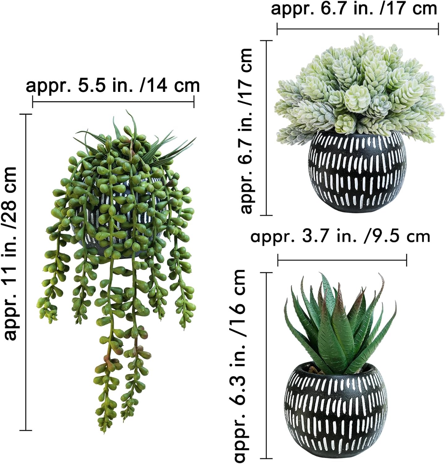 Small Artificial Succulent Potted Plants Faux Aloe Hops Hanging Succulent / Black Pot / Set of 3