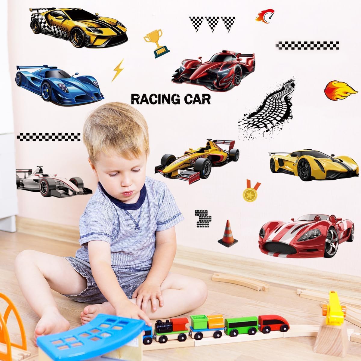 Racing Car Wall Decals Wheels Vehicle Wall Stickers for Boys Bedroom Kids Playroom Baby Nursery