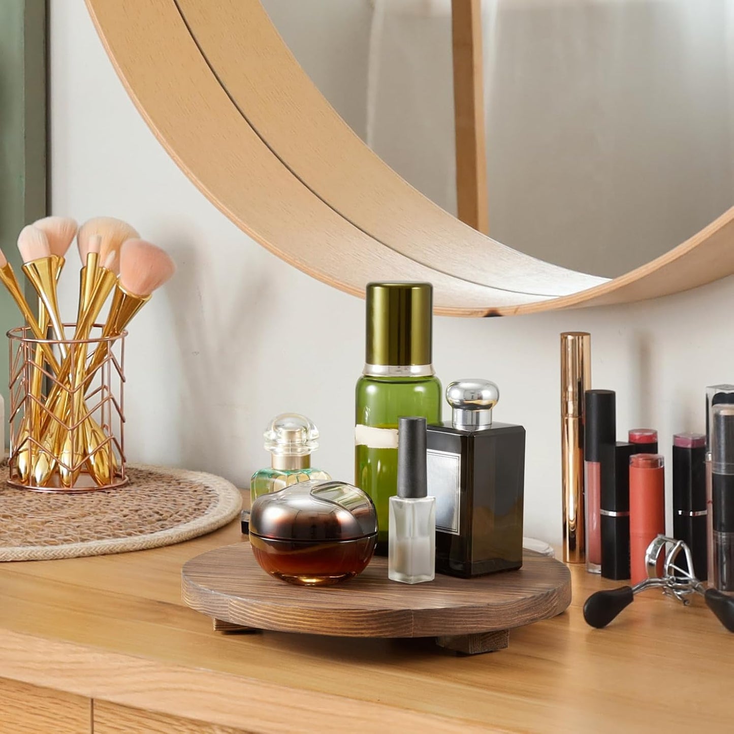 Small Round Decorative Tray Burnt Wood Bathroom Counter Organizer Pedestal Stand / Brown / Set of 9
