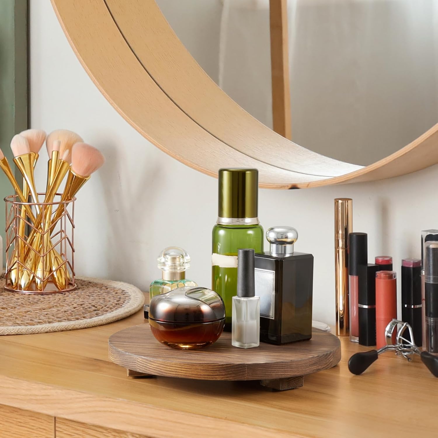 Small Round Decorative Tray Burnt Wood Bathroom Counter Organizer Pedestal Stand / Brown / Set of 9