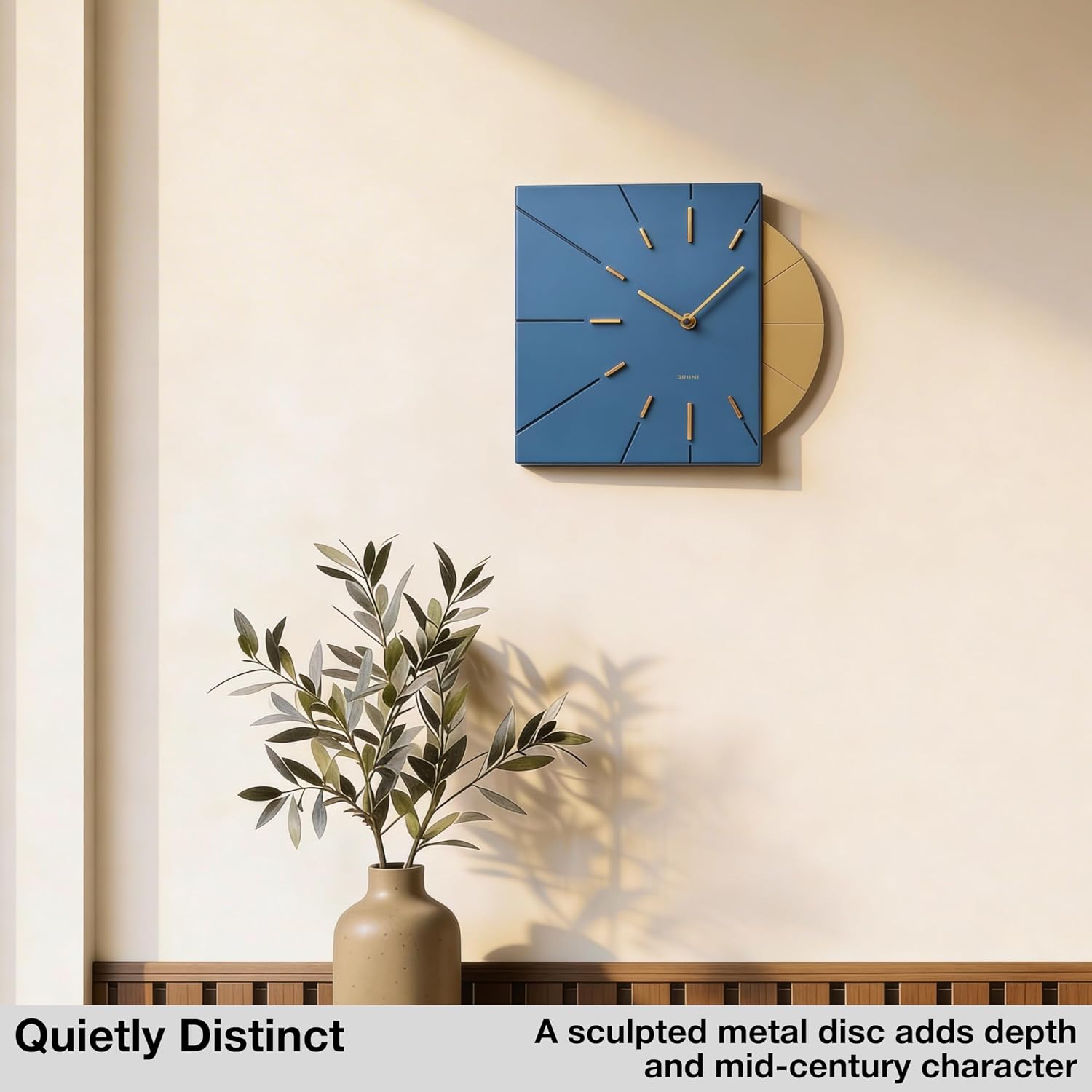 Driini Clocks Mid Century Modern Wall Clock - Square Blue Clock with Decorative Gold Accent- Unique and Cool Clock