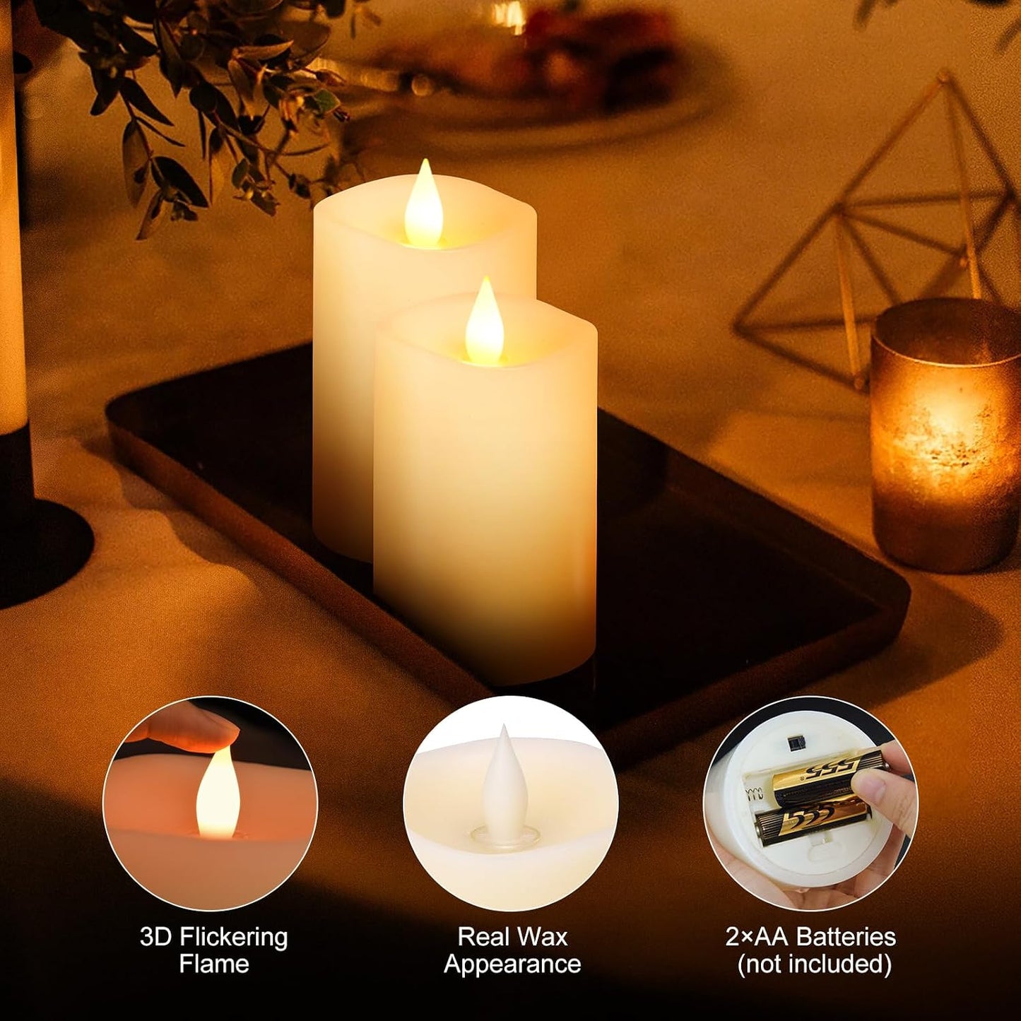 3PCS, 3 x 5 inches Flameless Candle with Remote Control, 3D Flickering Wick, Real Wax, Battery Candles,with