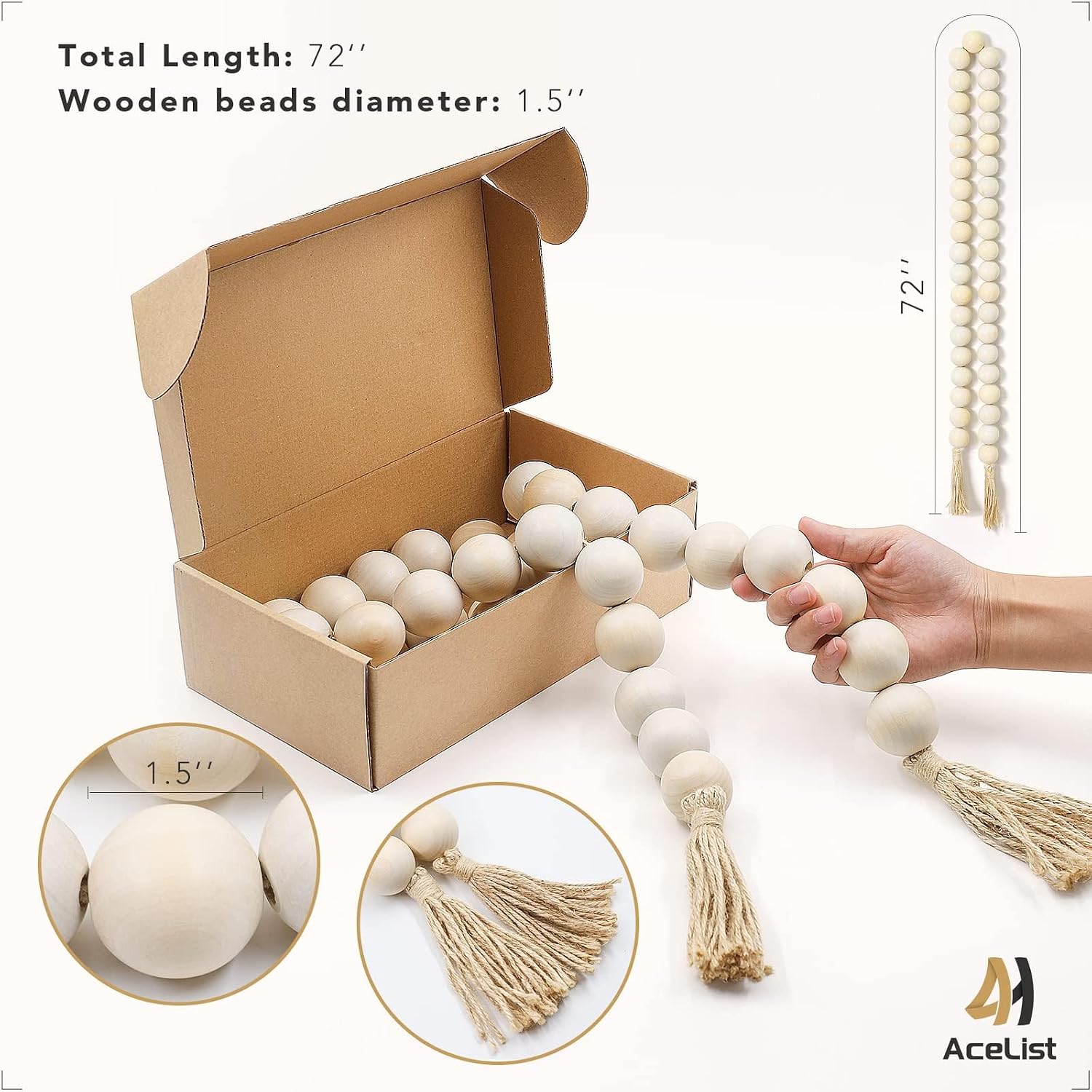 72" Large Wood Bead Garland / Large Natural
