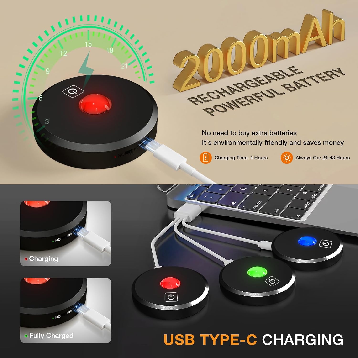 RGB Puck Lights with Remote Control, 2000mAh Rechargeable Stick on Led Lights, 9 Colors & 2 Dynamic, Tap Light with