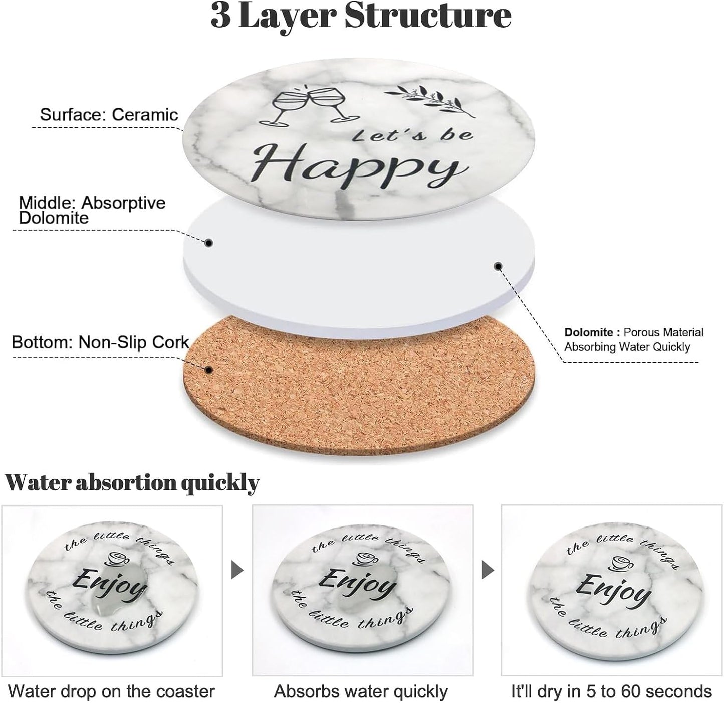 Holder / Round Marble Style Absorbent Farmhouse Coaster / Set of 8