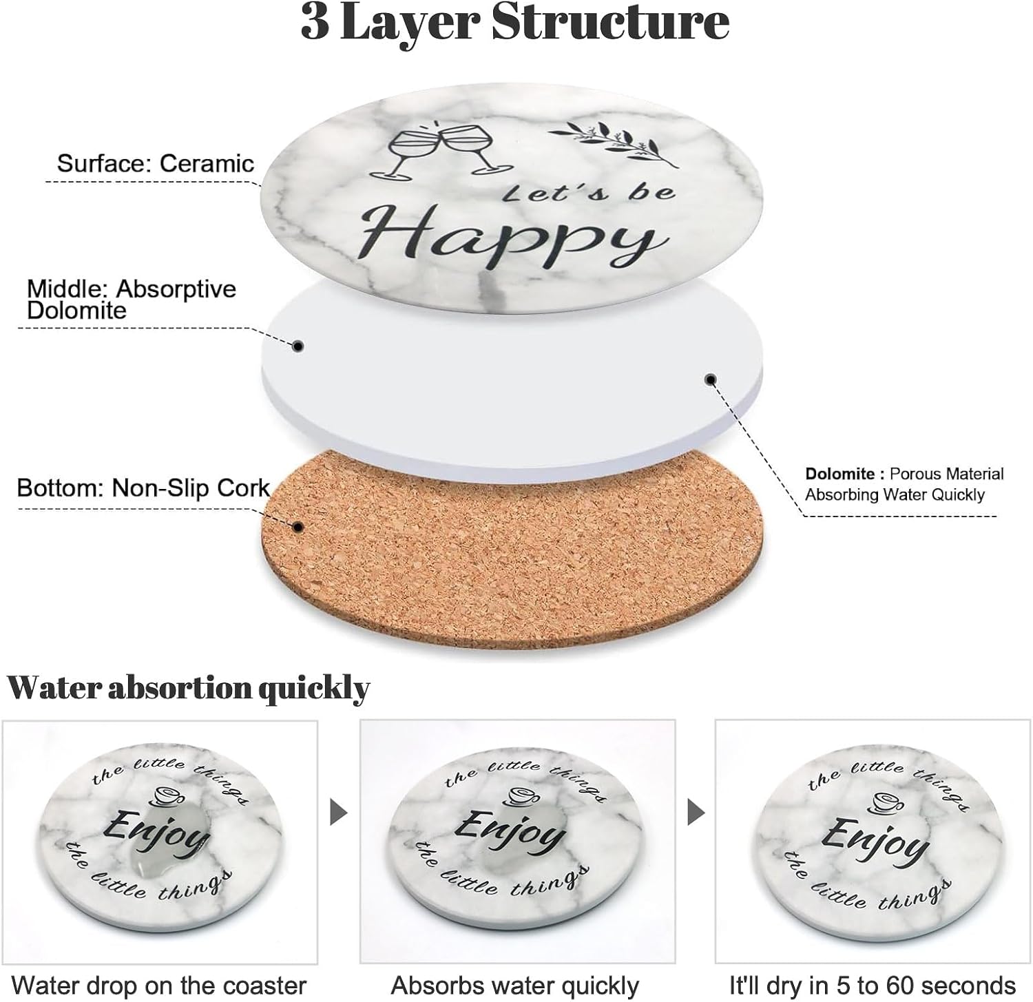 Holder / Round Marble Style Absorbent Farmhouse Coaster / Set of 8