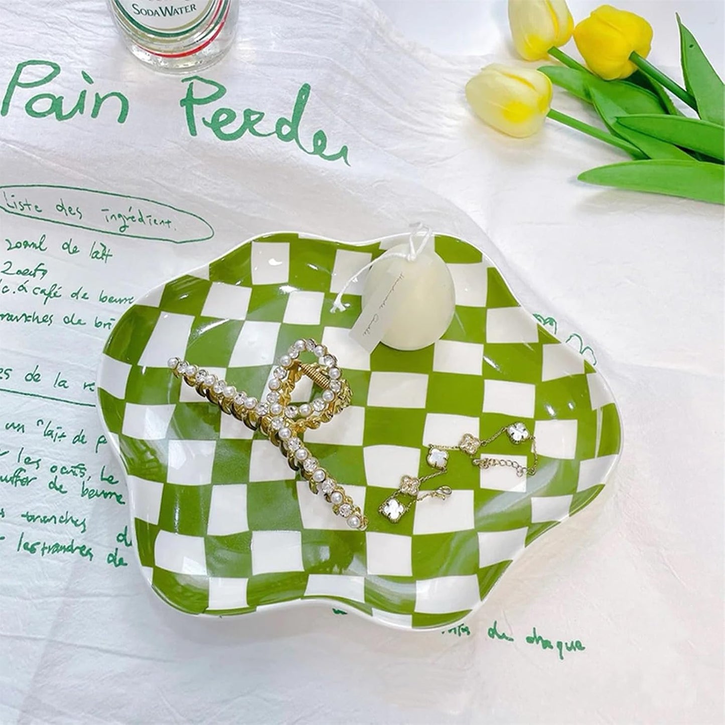 Ceramic checkered jewelry tray / Green