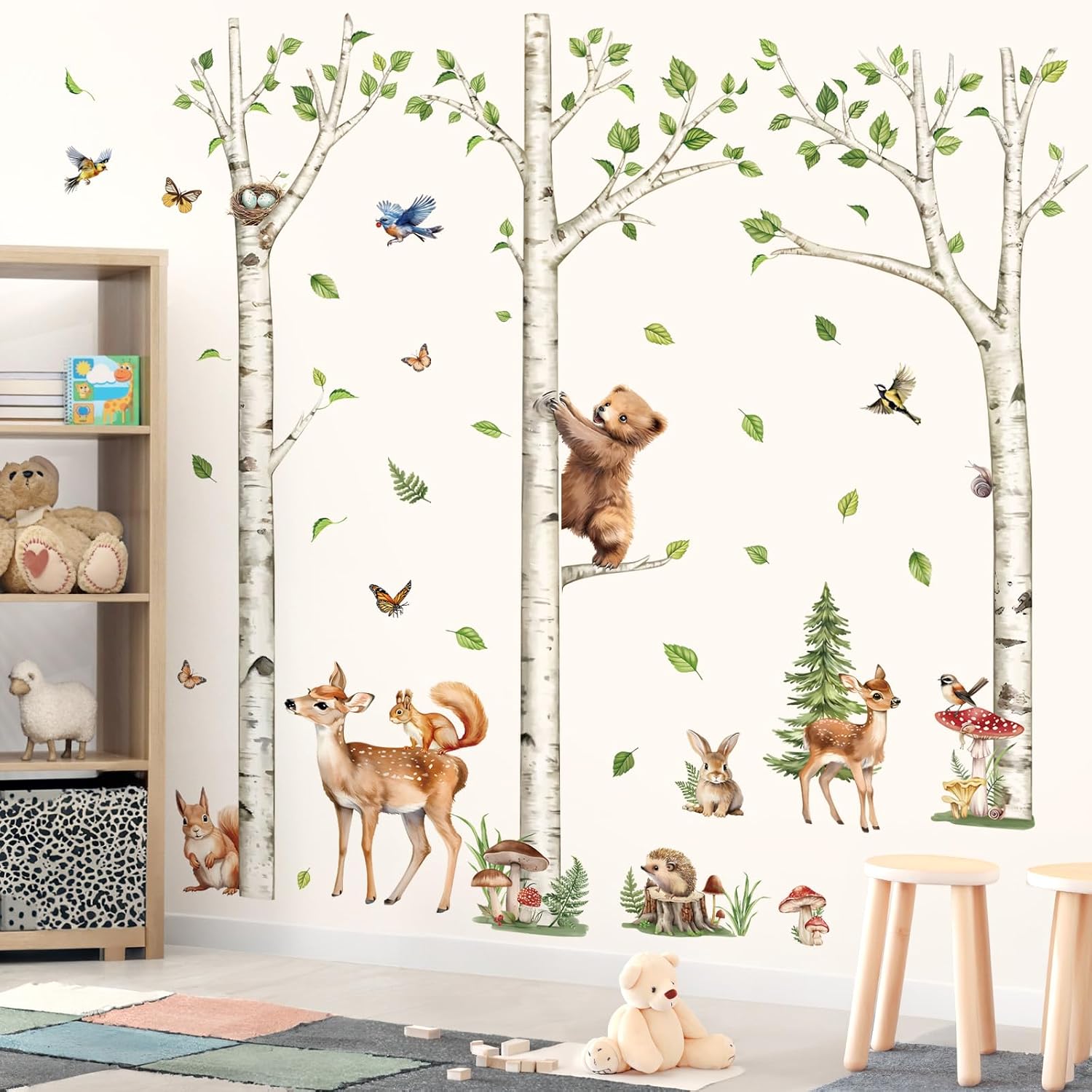 Large Birch Tree Wall Decals Woodland Animals Bear Deer Rabbit Wall Stickers Living Room / White