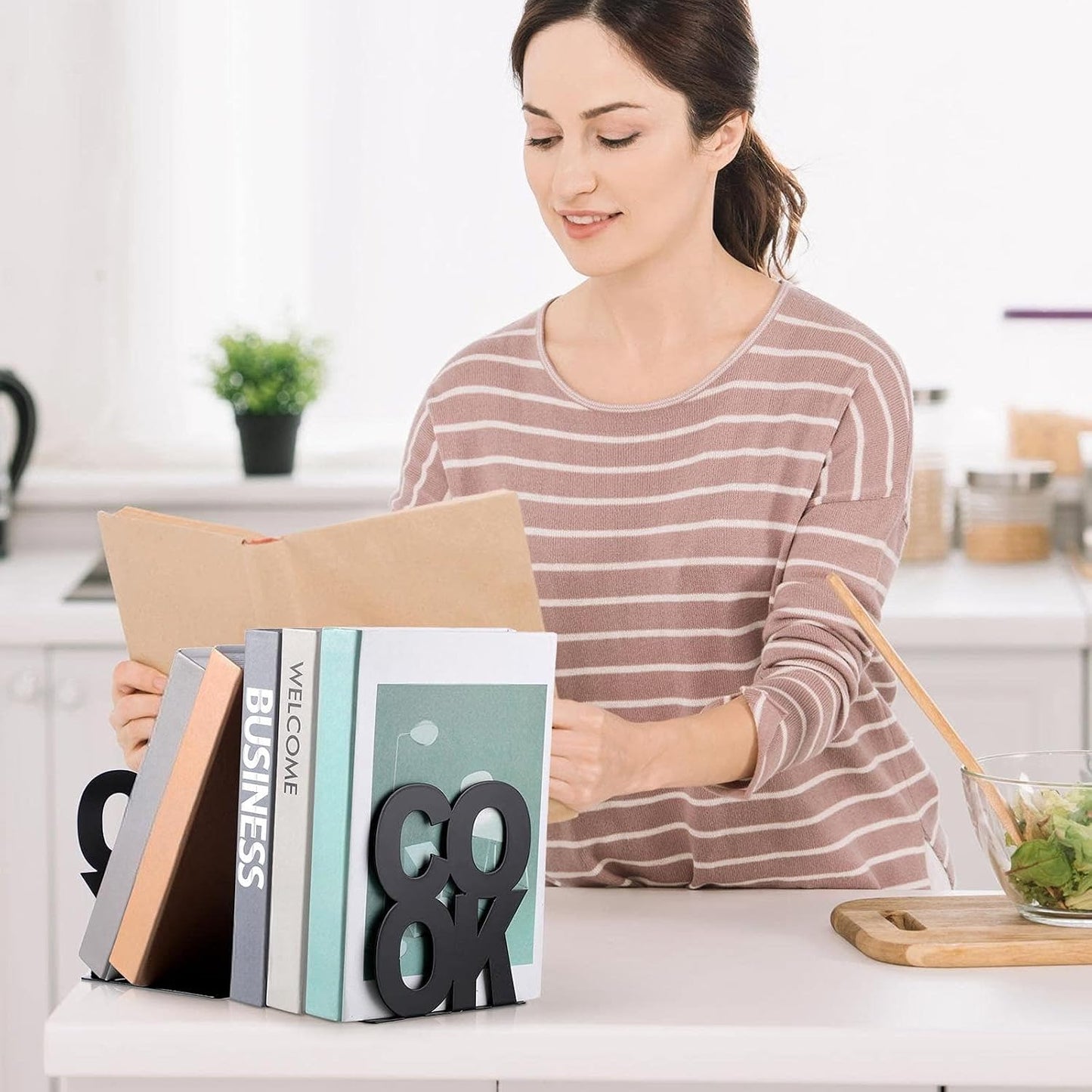 Cookbook Bookends Kitchen Decorative Metal Supports for Book-Rack Desk Kitchen Book Shelf Holder