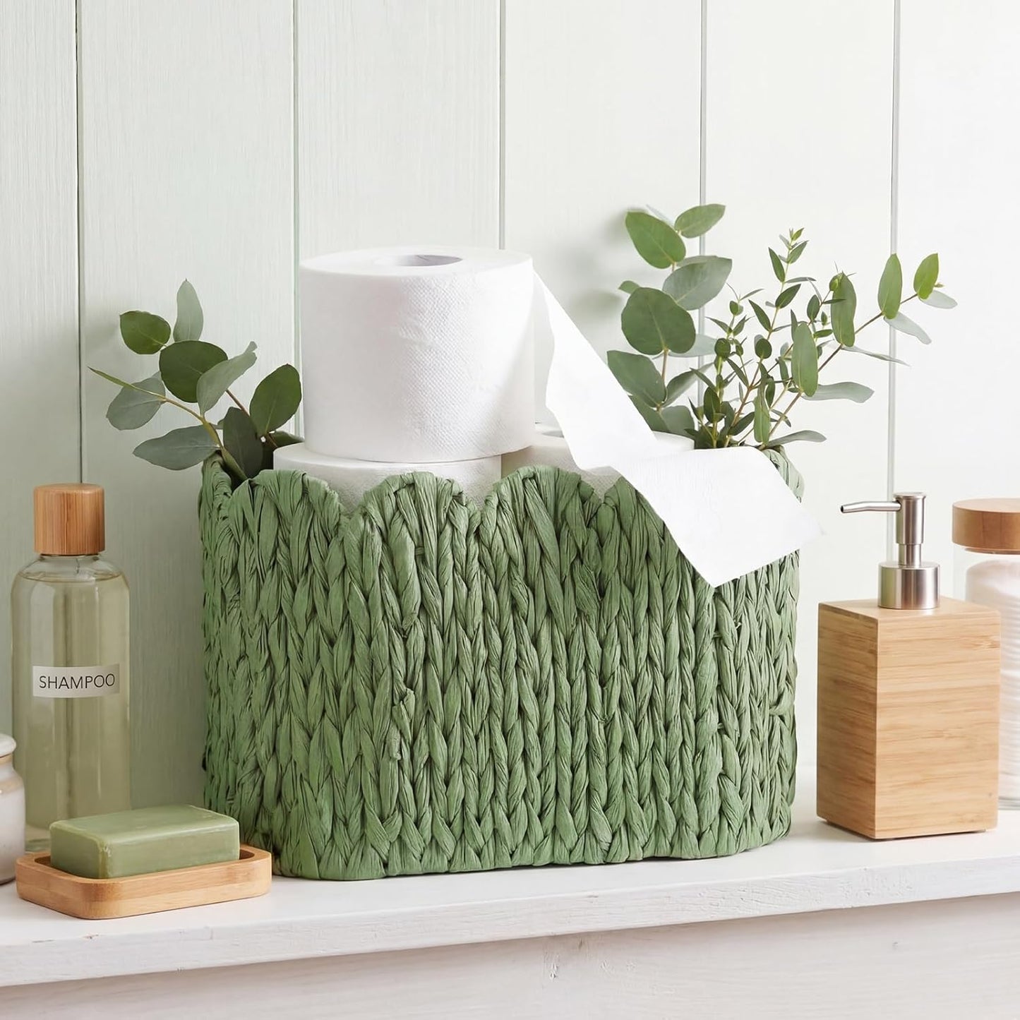 Toilet Paper Storage Basket Scalloped Woven Bathroom Basket / Sage Green / Scalloped Style / Wicker