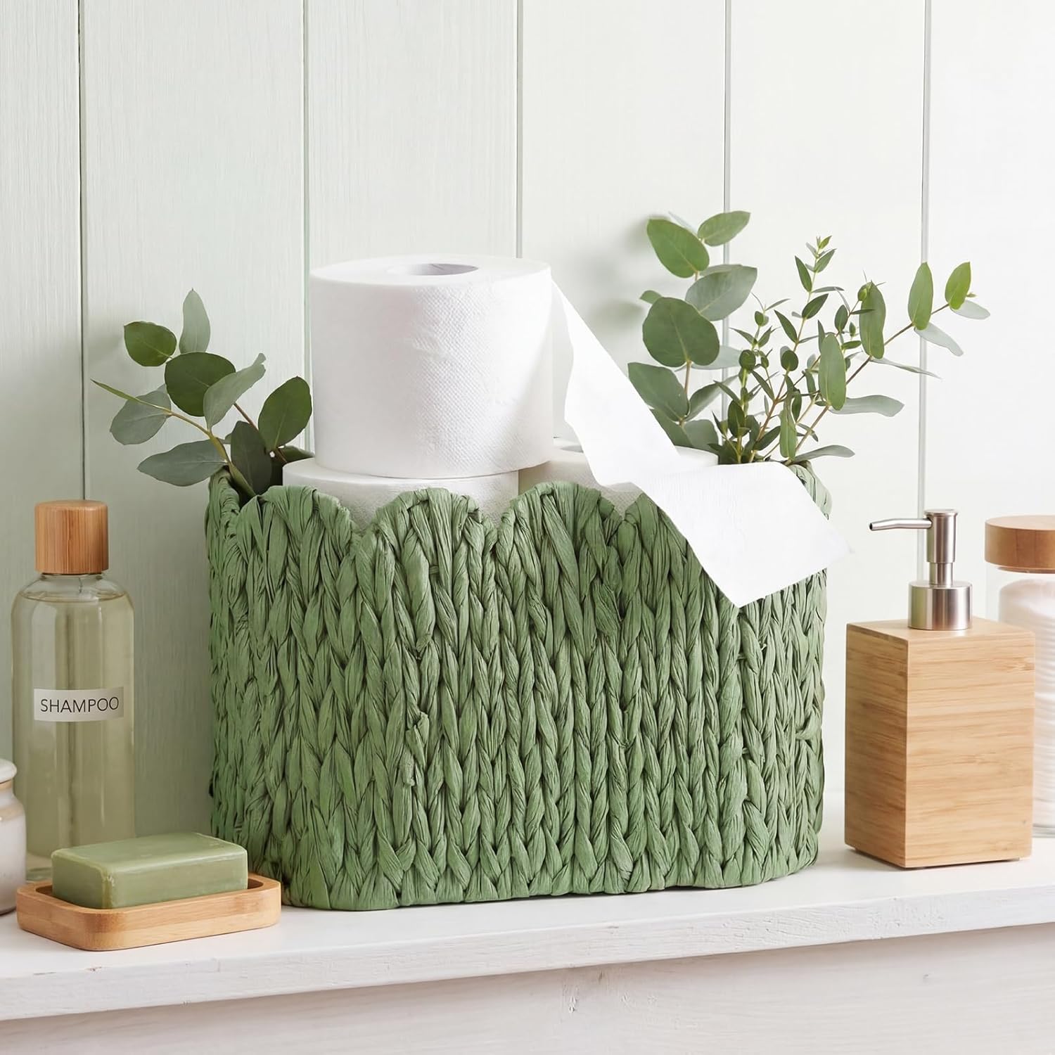 Toilet Paper Storage Basket Scalloped Woven Bathroom Basket / Sage Green / Scalloped Style / Wicker