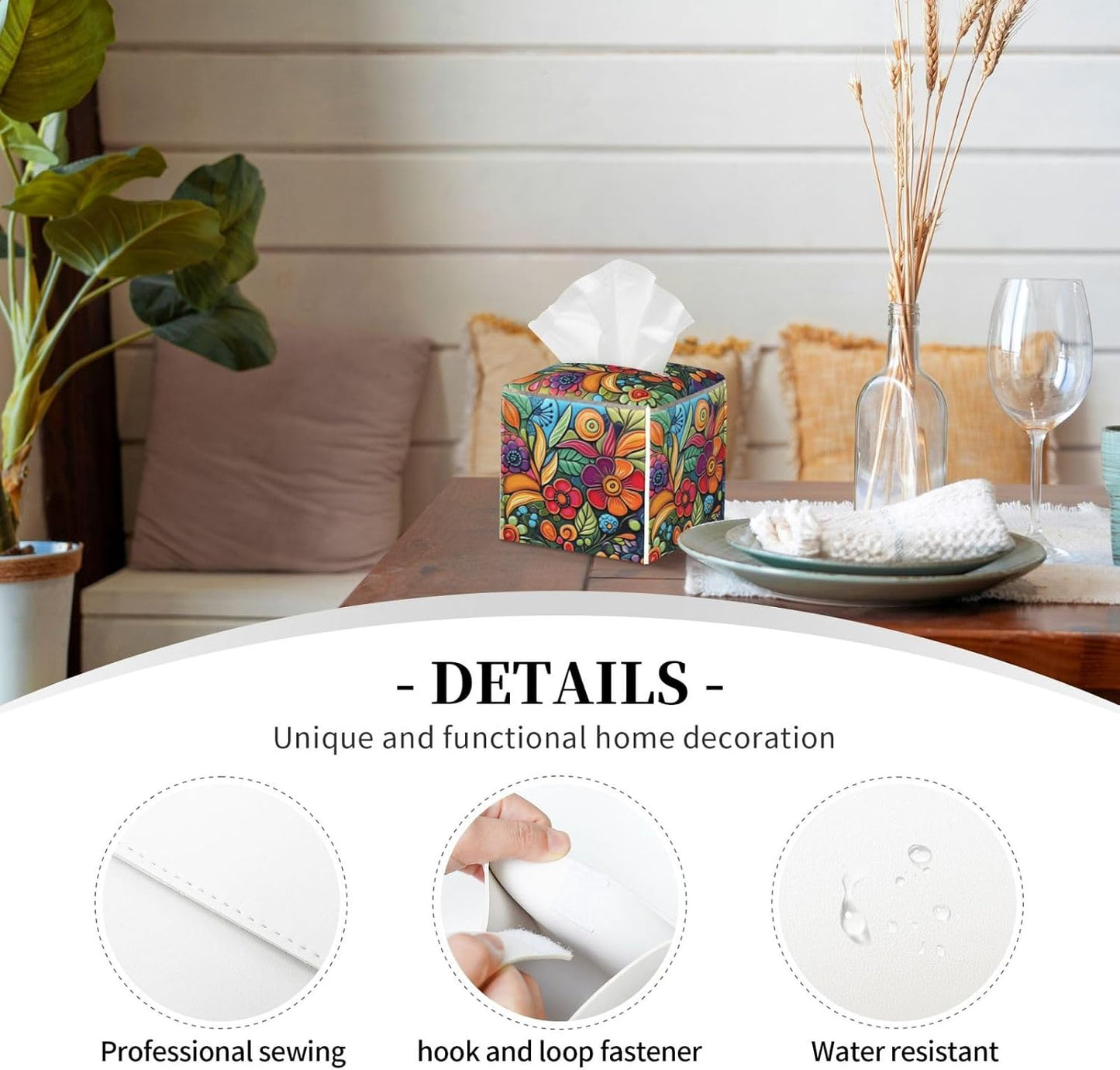 Tissue Box Cover Square Leather Tissue Case Holder Facial Paper Organizer / Colorful Boho Florals