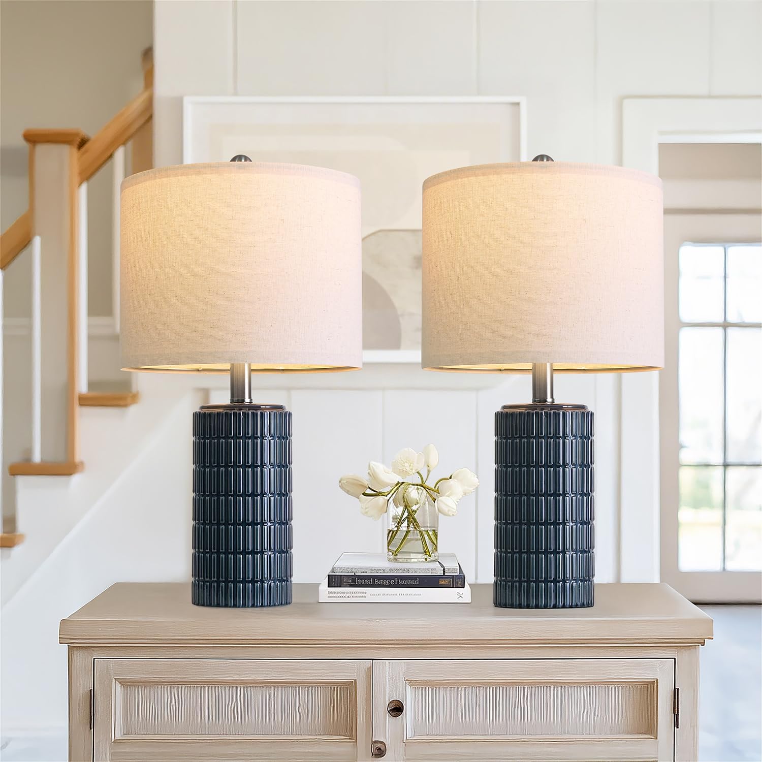 PoKat 20.75" Small Blue Table Lamps, Farmhouse Bedside Lamps for Bedroom Set of 2, Ceramic End Table Lamps for Night