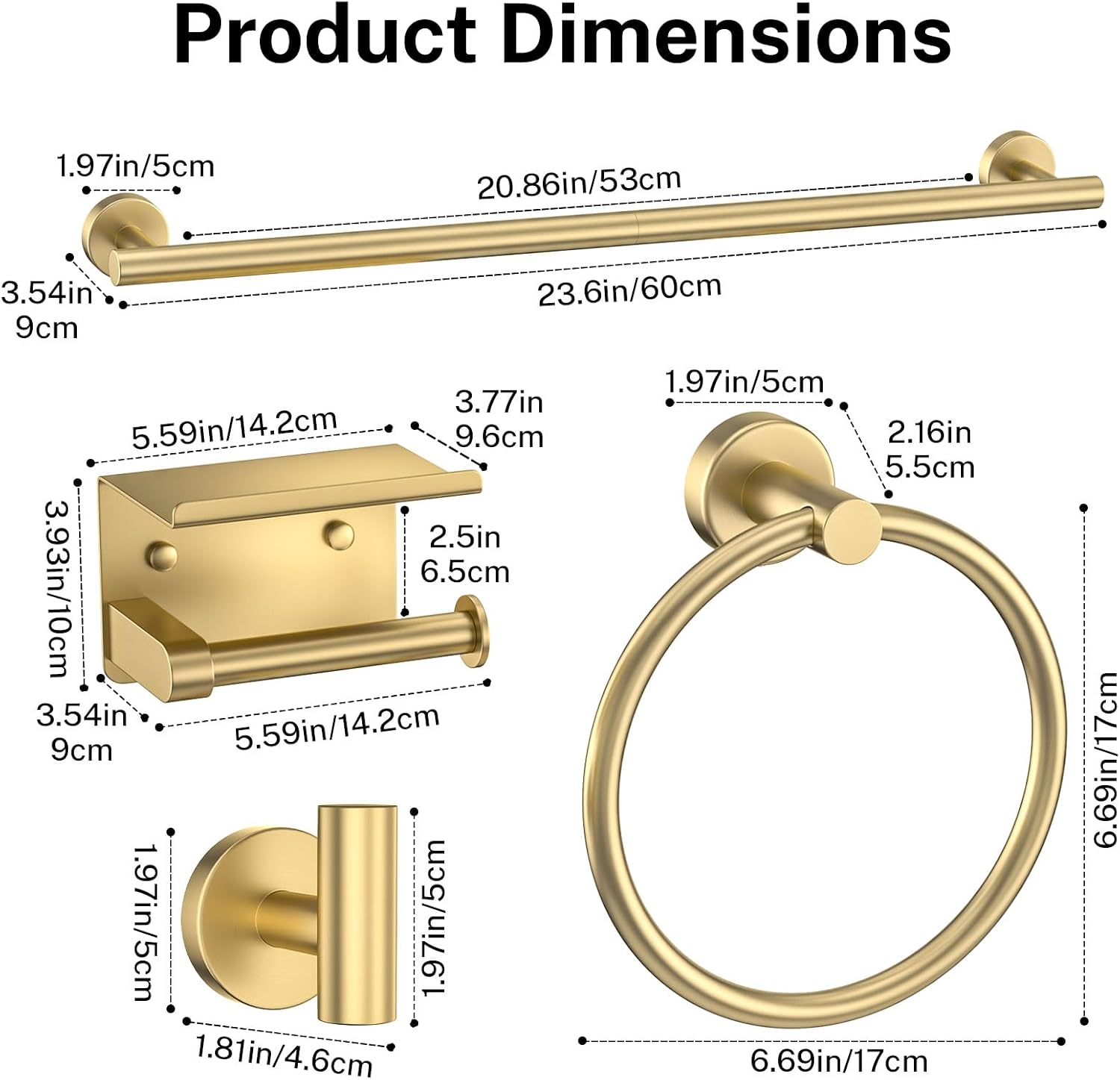 Brushed Gold Bathroom Hardware Set 5 Pieces Towel Bar Set Round Towel Holder Set for Bathroom,Upgraded Toilet Paper
