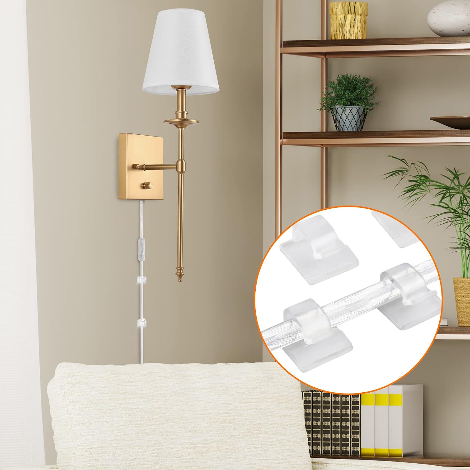 Dimmable Wall Sconces Set of Two, Plug in Wall Sconces White Fabric Shade, Wall Lamp for Bedroom, Living room, Plug in