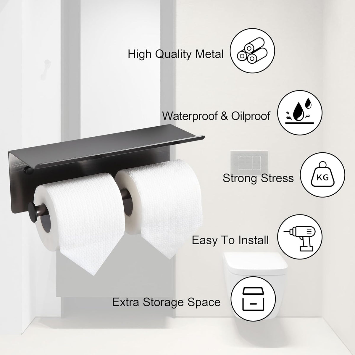 Grey Toilet Paper Roll Holder with Shelf Wall Mounted for Bathroom (Grey, Double Head)