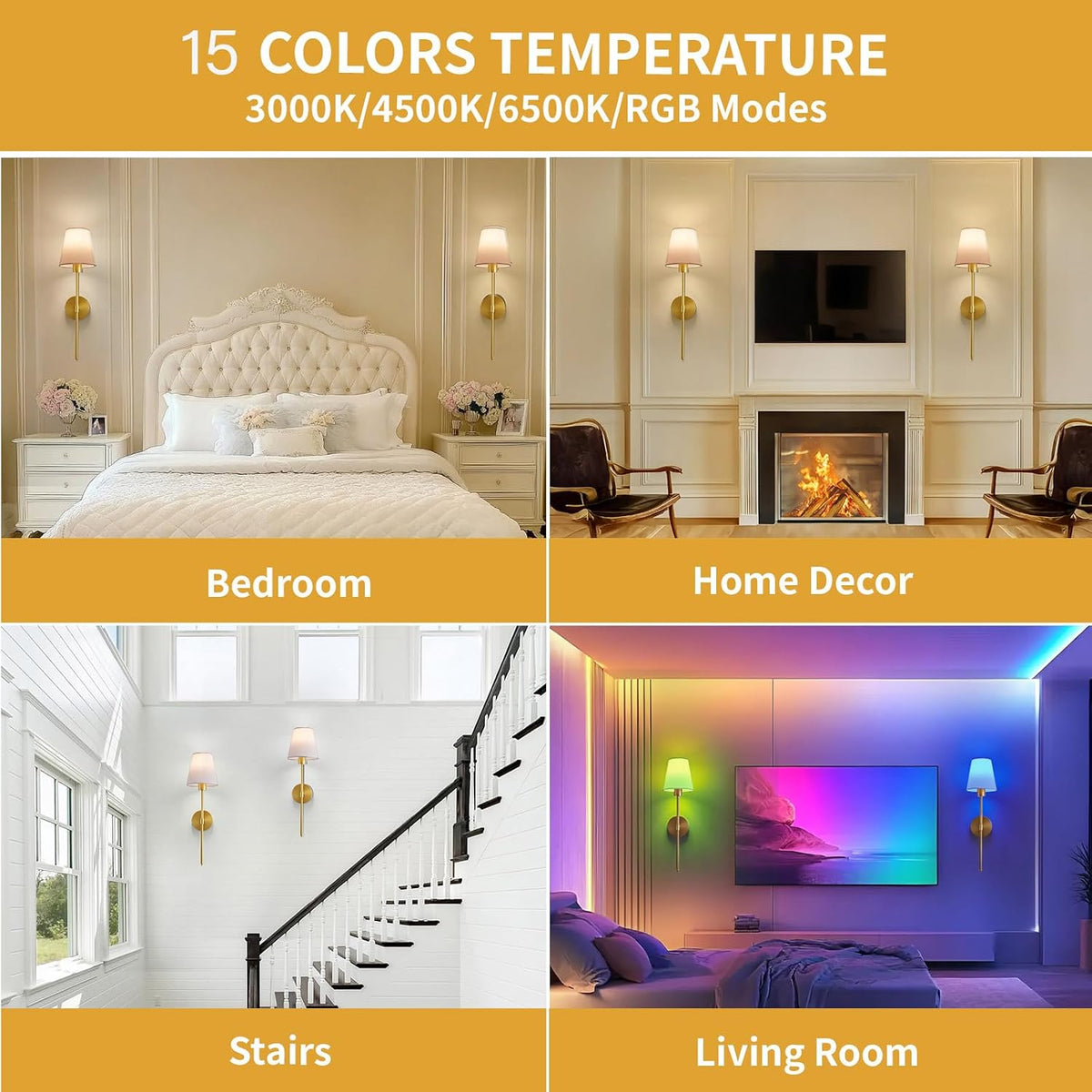 Battery Operated Wall Sconce Set of 2, Gold Rechargeable Wireless Wall Lights with Remote - Dimmable RGB LED Bulbs, 13
