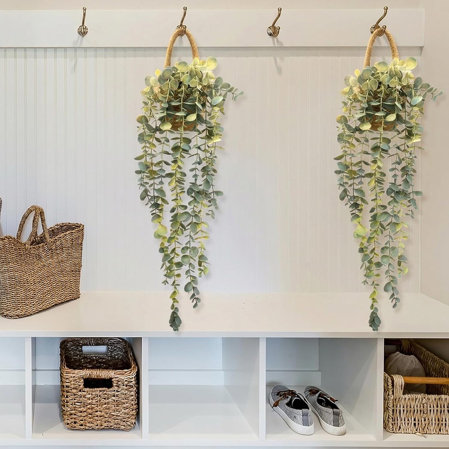 Eucalyptus Artificial Faux Plants in Wall Woven Planters / Jute Hanger / Black
