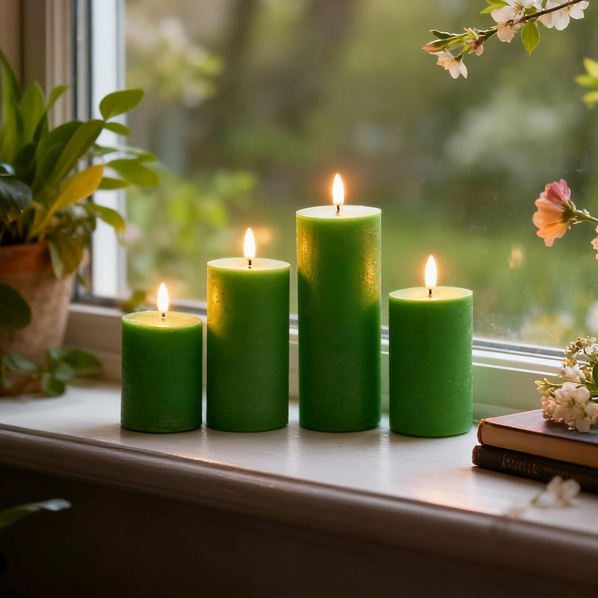 LUSHARBOR Green Flameless Candles, 4 Pack Battery Operated Candles for St. Patrick’s Day, Real Wax LED Fake Candles for