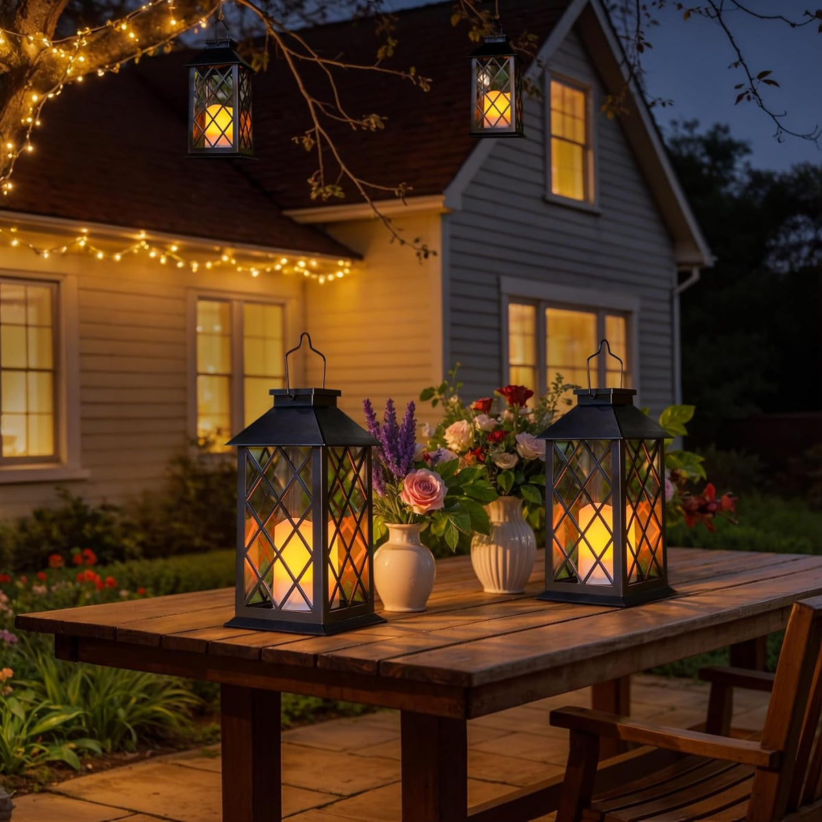 [2 Pack] TAKE ME Black 14" Solar Lanterns Outdoor Waterproof Garden Lanterns LED Candle Lights for Garden Outdoor Decor